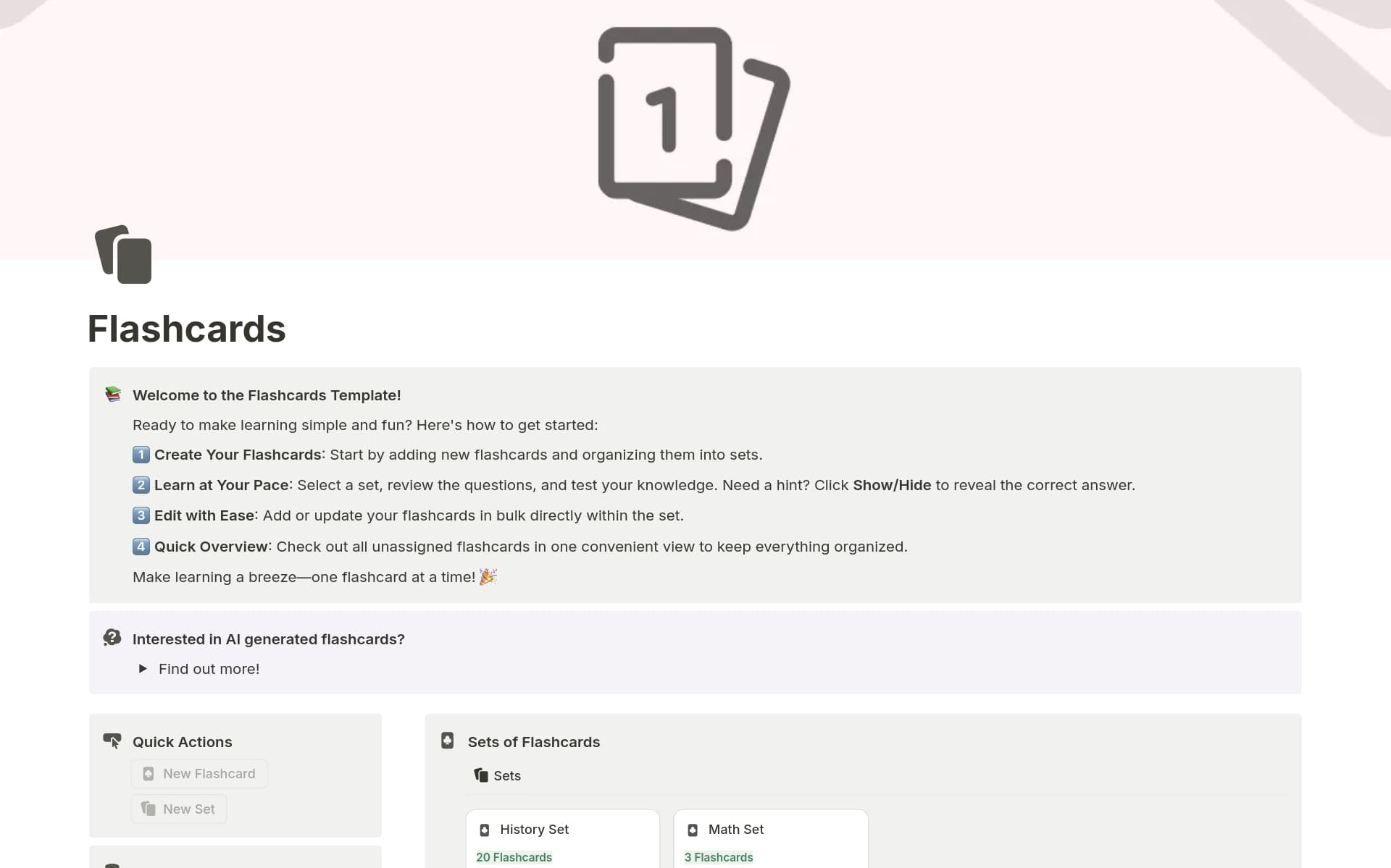 A template preview for Flashcards