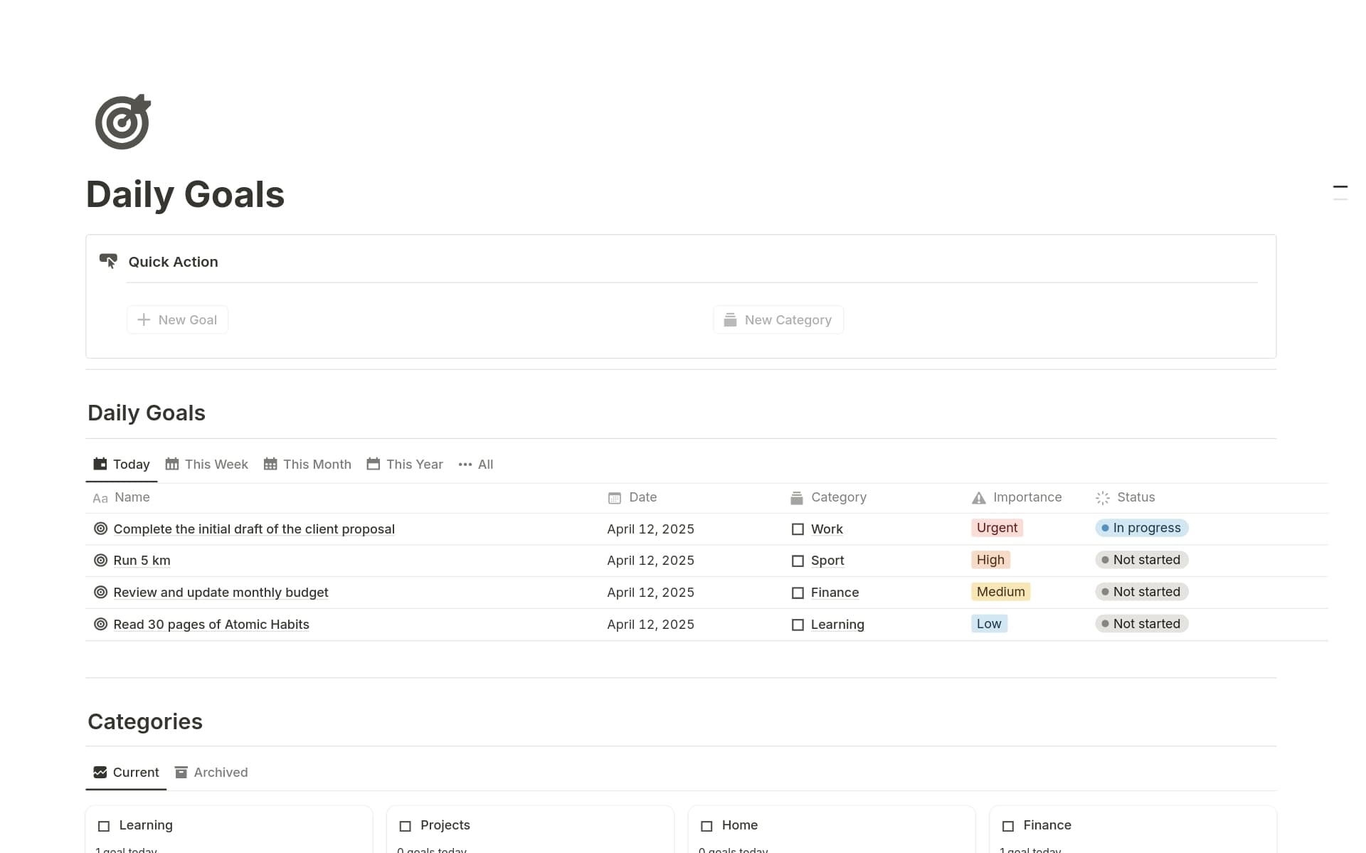 A template preview for Daily Goals