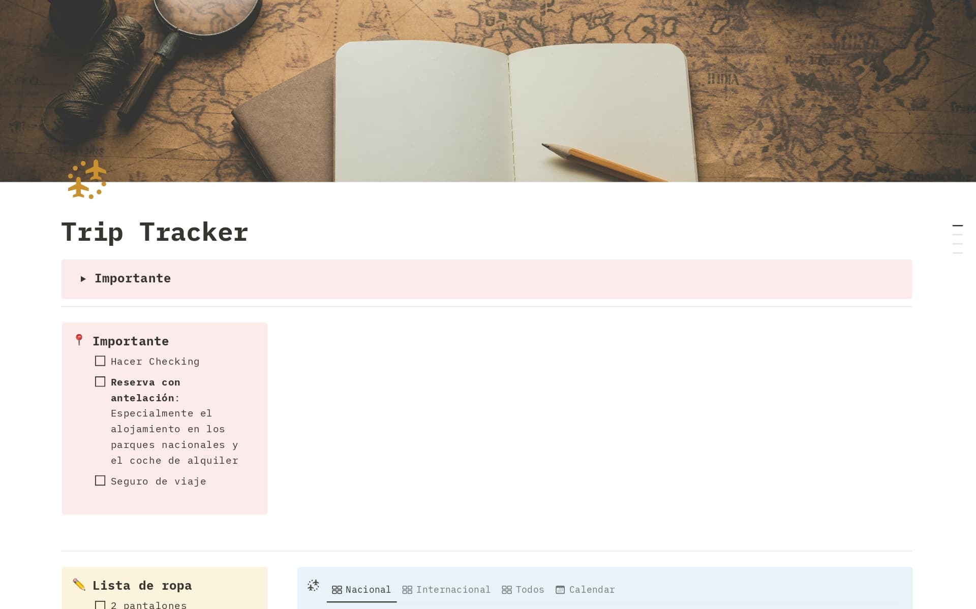 Vista previa de plantilla para Trip Tracker