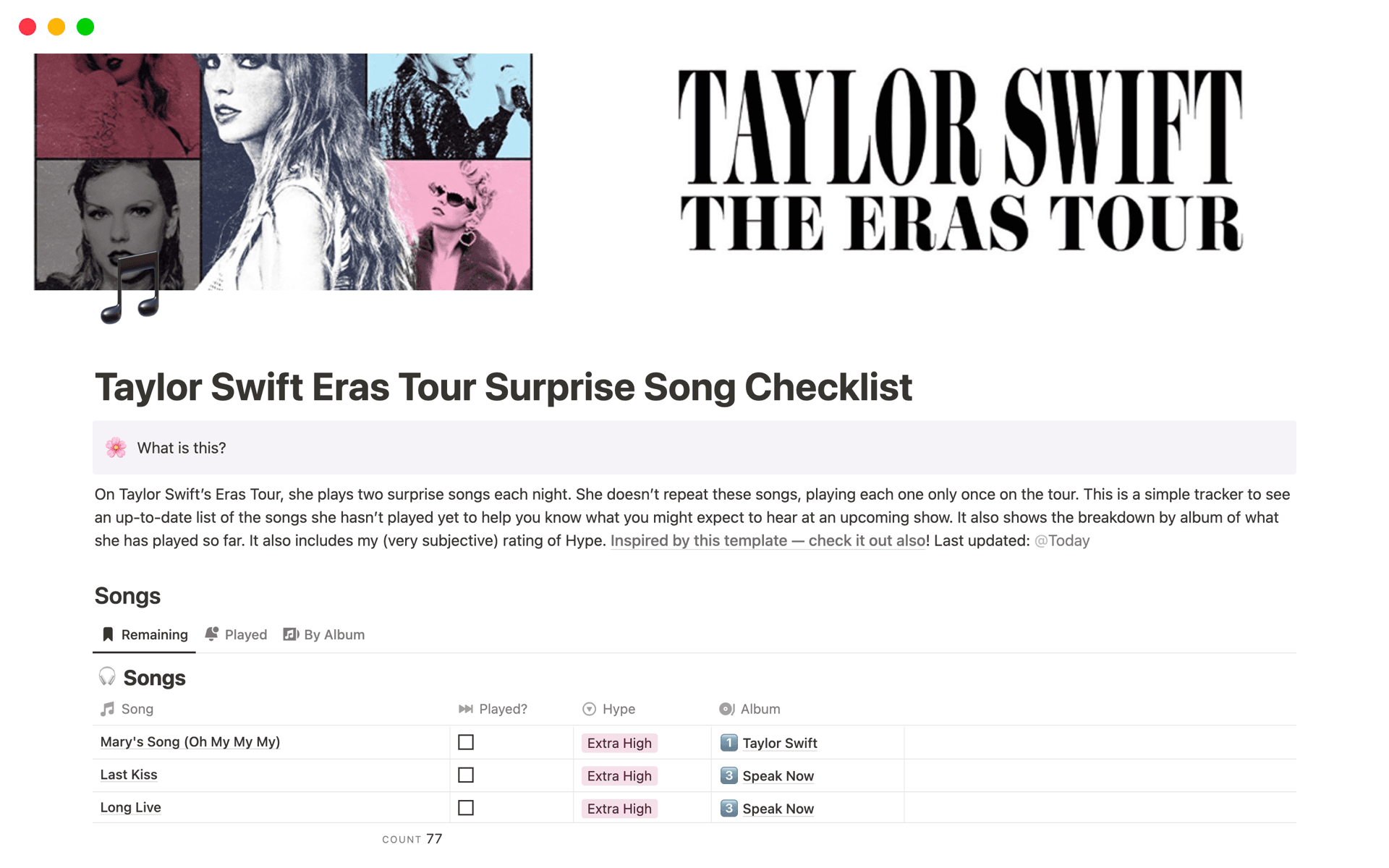 A template preview for Taylor Swift Eras Tour Surprise Song Checklist