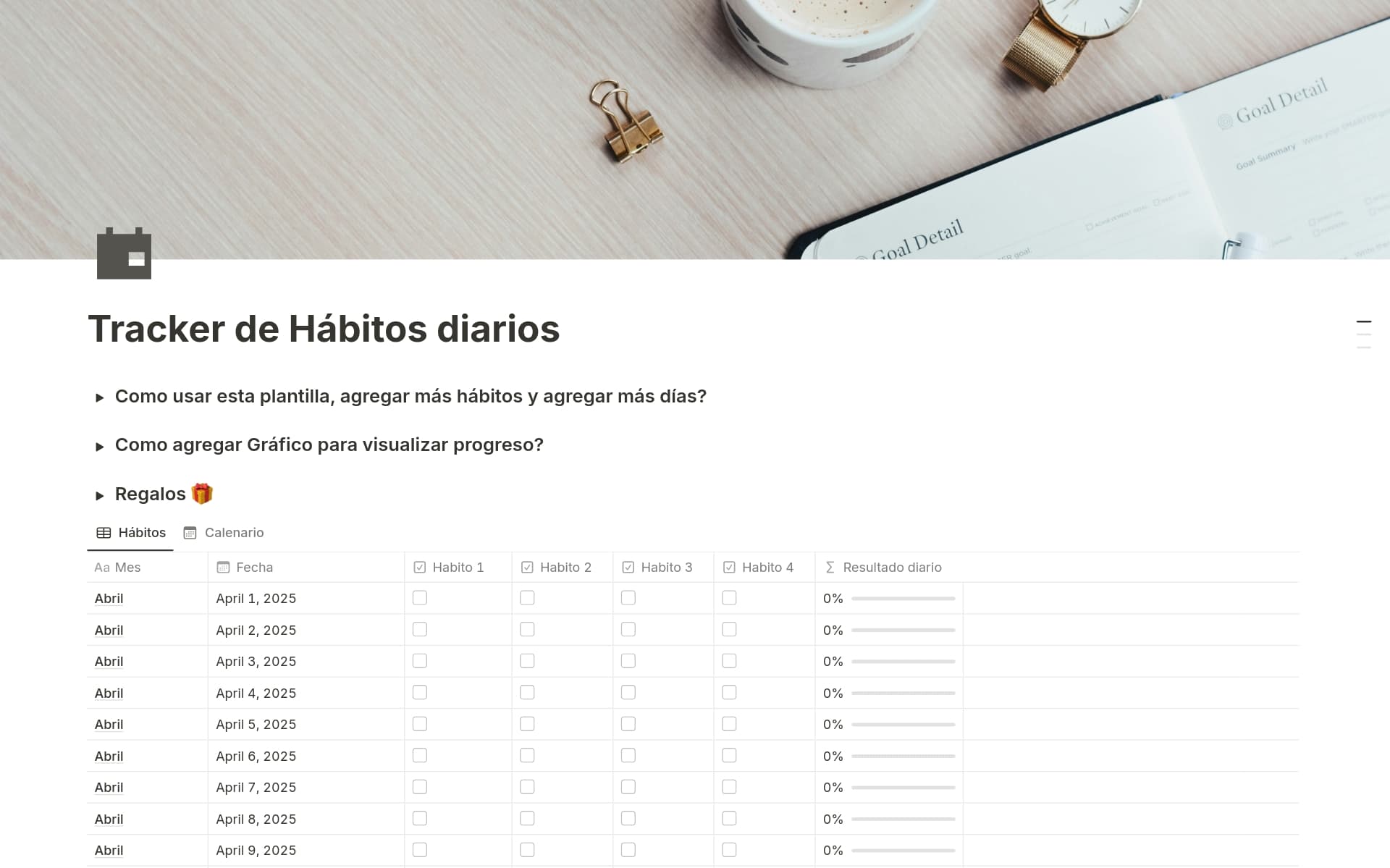 Tracker y Calendario de Hábitos con Progreso 範本預覽