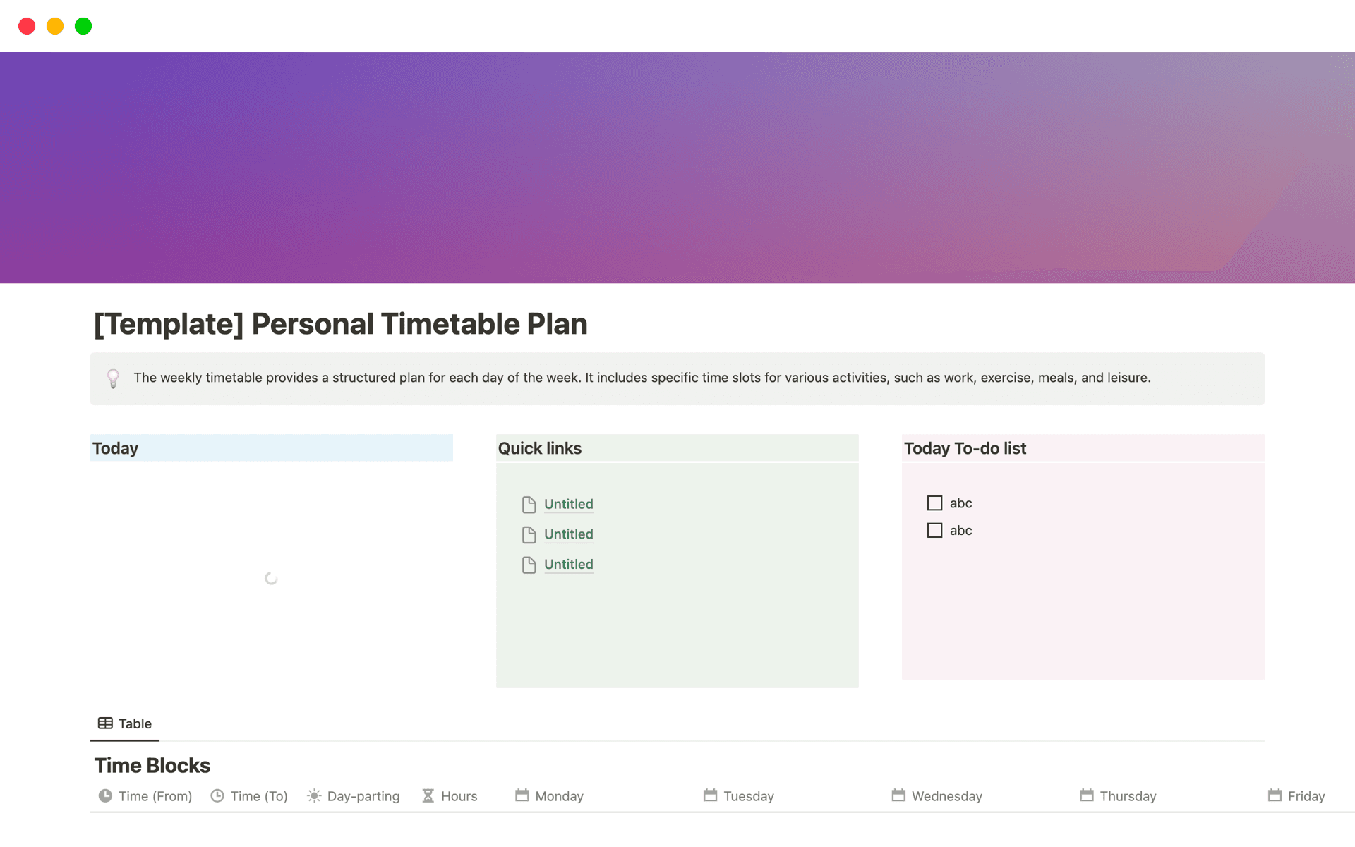The weekly timetable provides a structured plan for each day of the week.