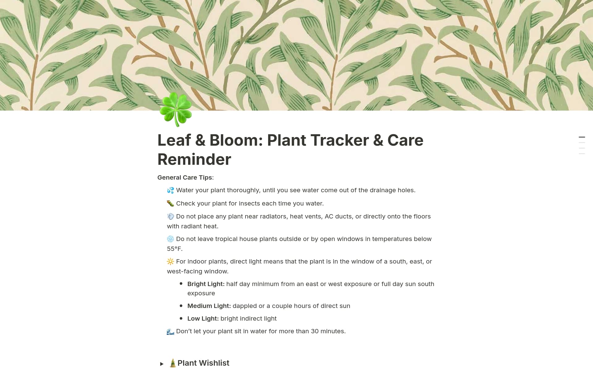 A template preview for Leaf & Bloom: Plant Tracker & Care Reminder