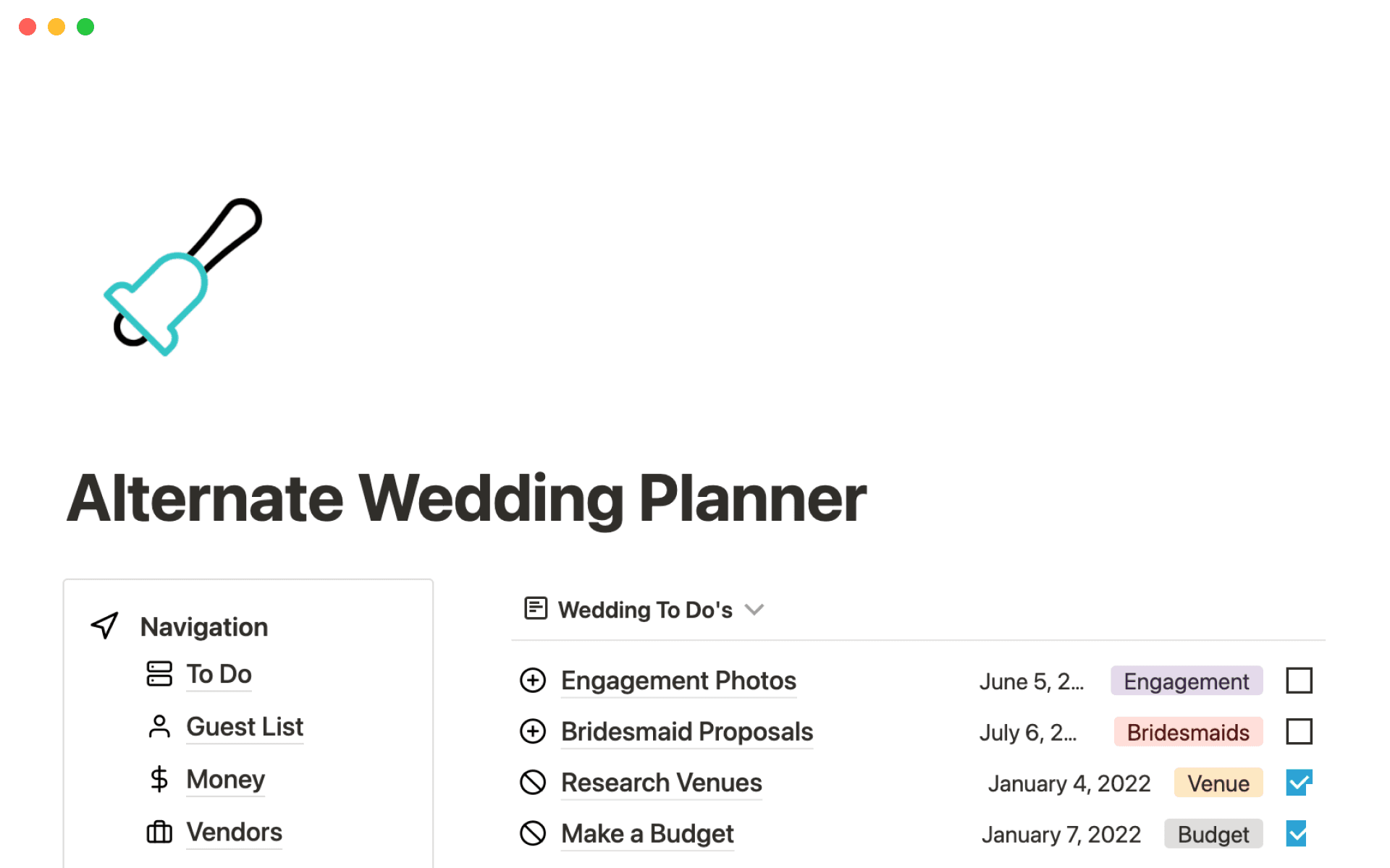 A template preview for Alternate wedding planner
