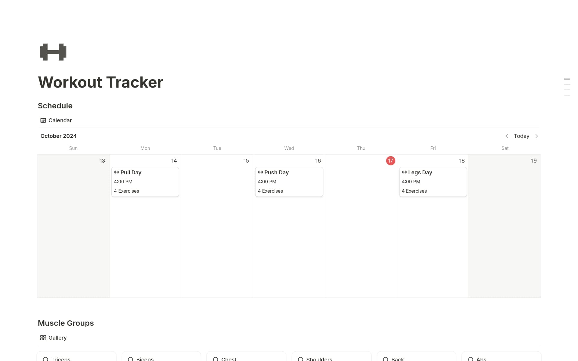 A template preview for Workout Tracker