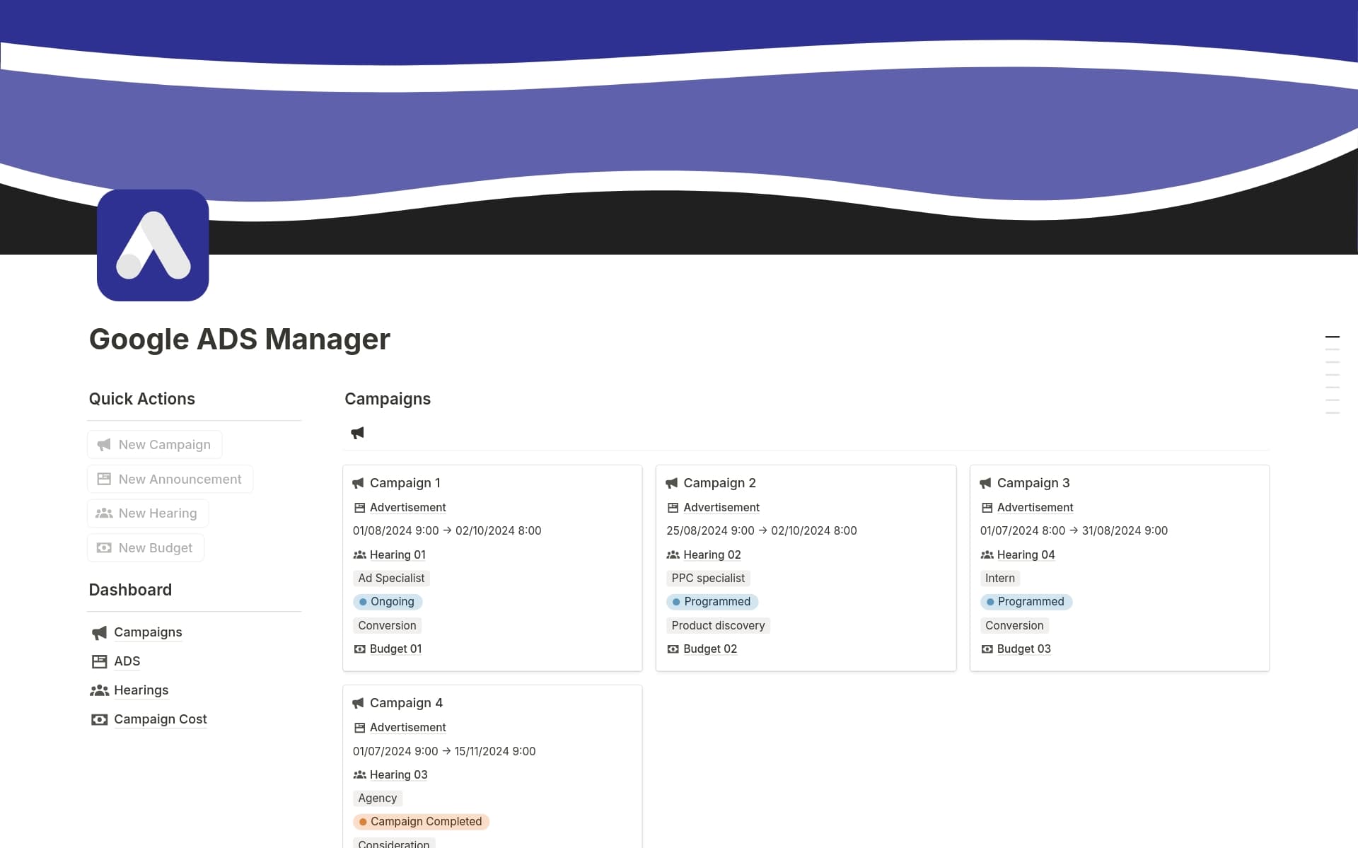 A template preview for Google ADS Manager