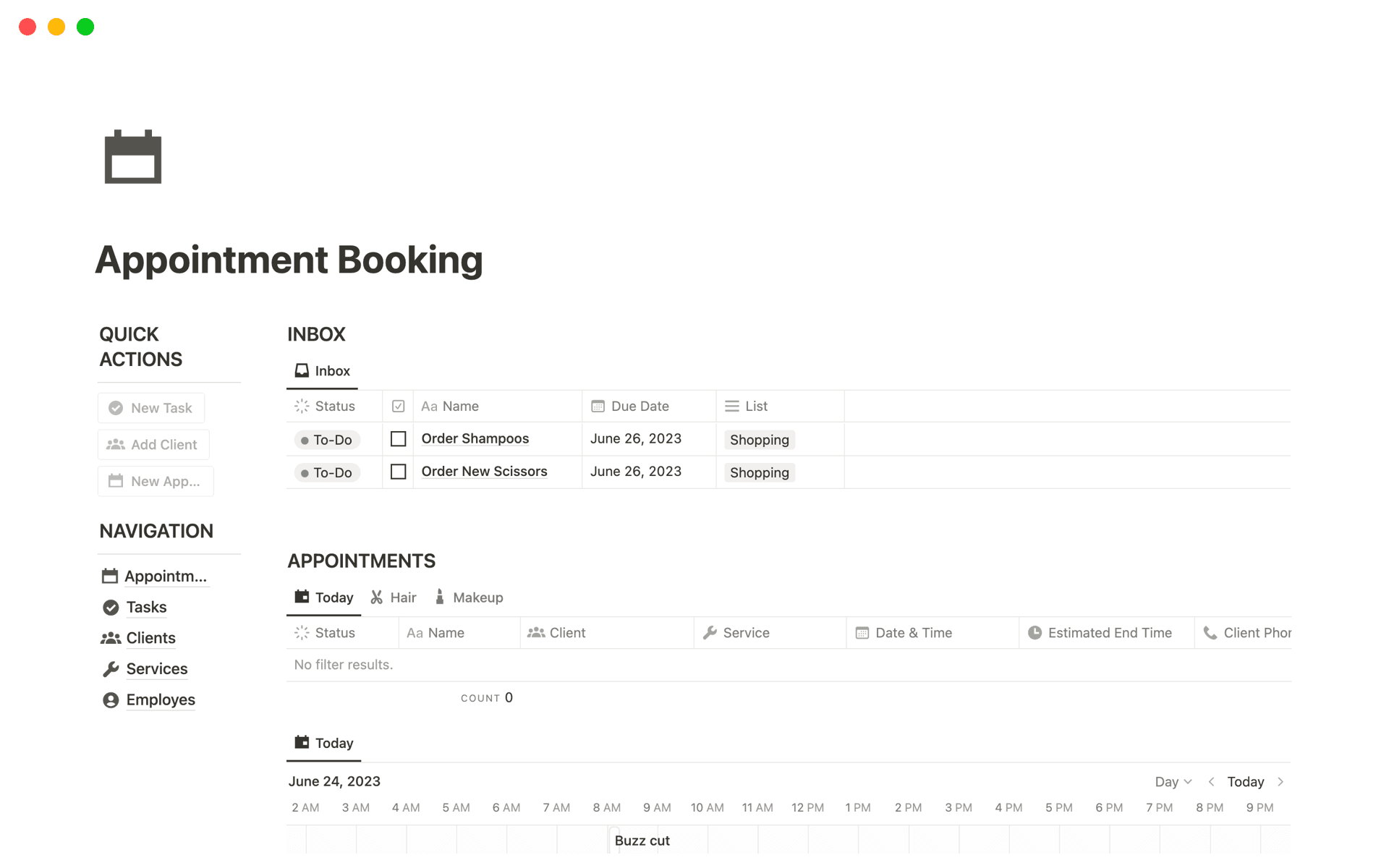 The "Appointment Booking Notion" template is your ultimate solution for efficient appointment management. With this versatile template, you can effortlessly schedule, track, and organize your appointments, services, clients, employees, and tasks, all in one centralized location.