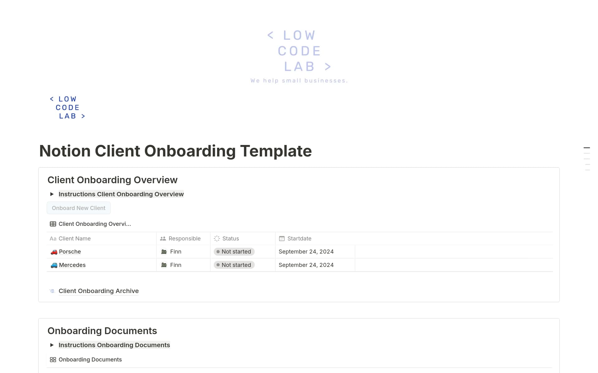 A template preview for Client Onboarding