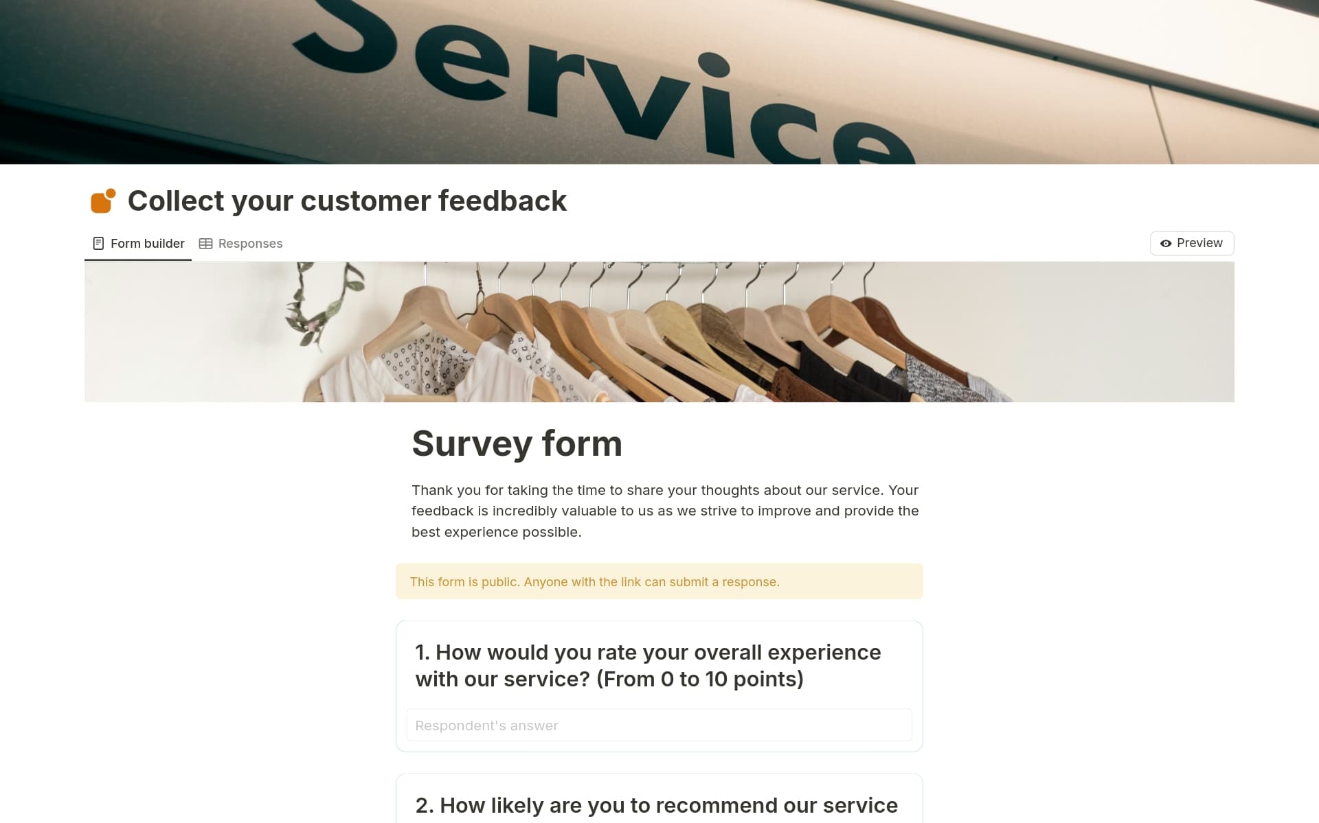 A template preview for Customer Feedback Survey