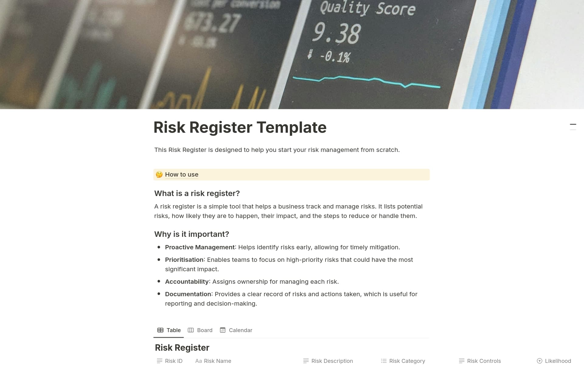 A template preview for Basic Risk Register