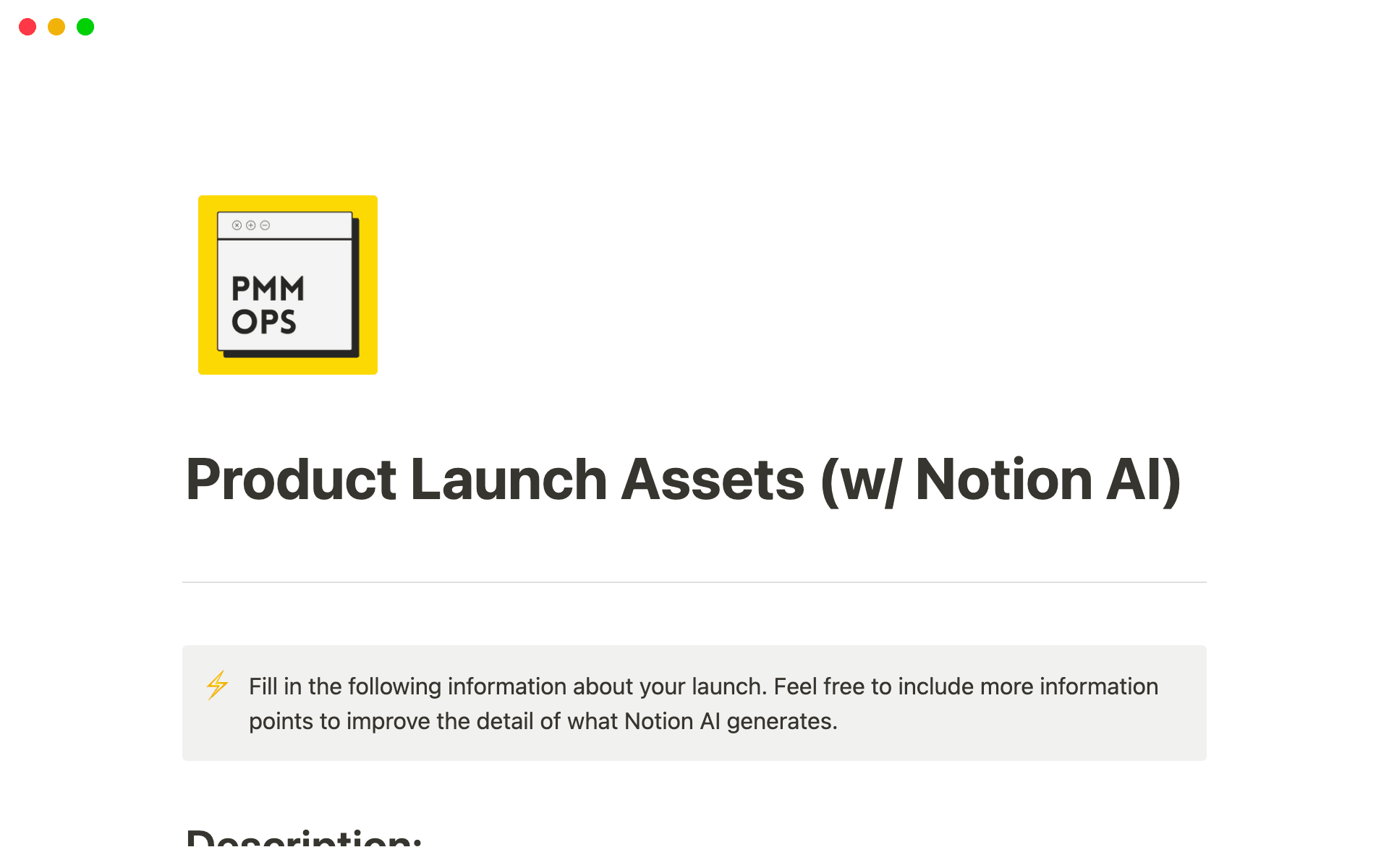 Eine Vorlagenvorschau für Product Launch Assets (w/ Notion AI)