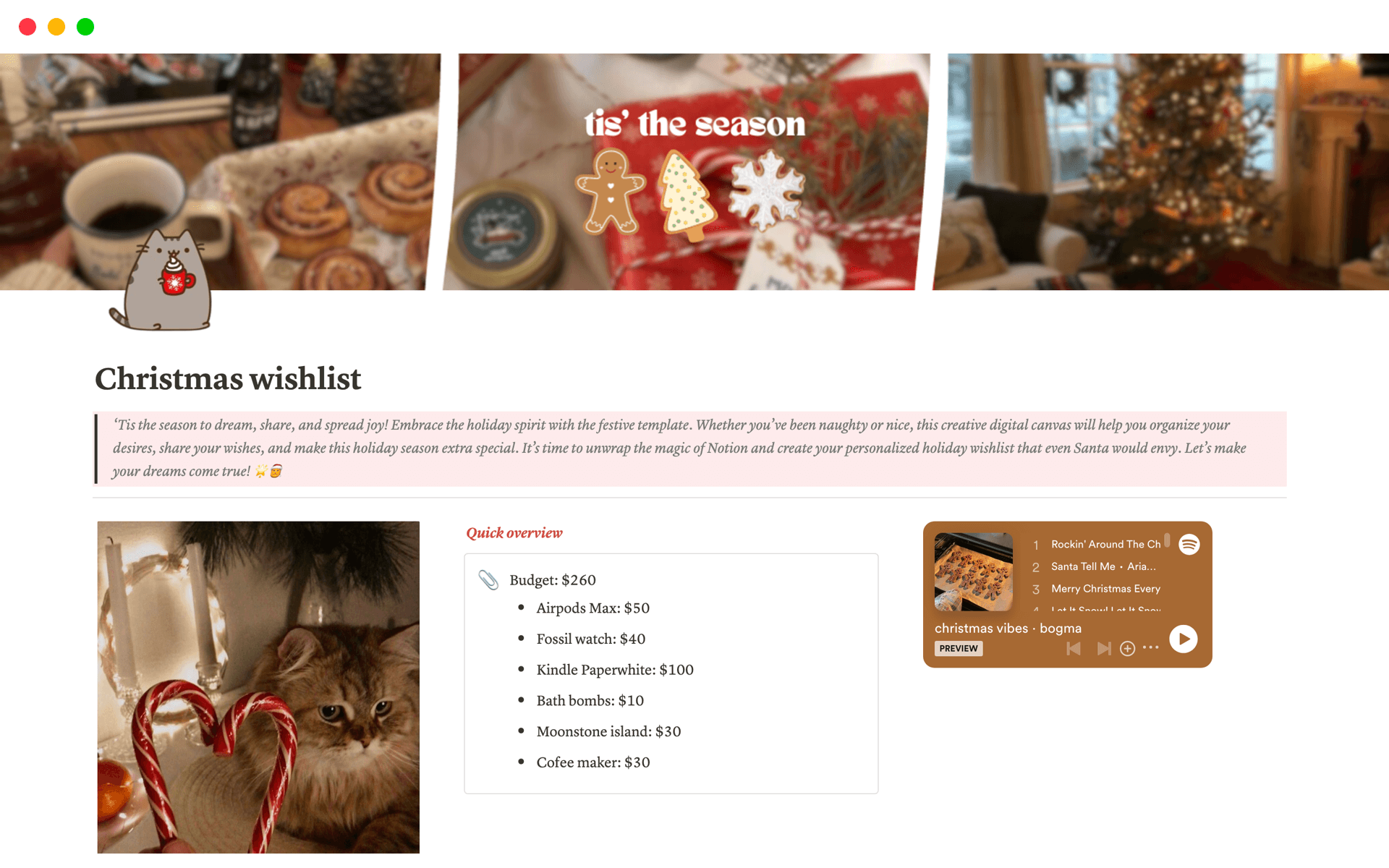 Welcome to Christmas wishlist Notion template! 🌟🎅 ‘Tis the season to dream, share, and spread joy! Embrace the holiday spirit with the festive template. Whether you’ve been naughty or nice, this creative digital canvas will help you organize your desires, share your wishes, and