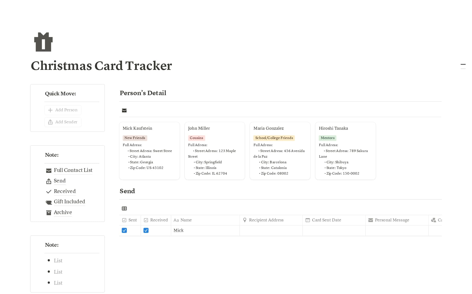 A template preview for Christams Card Tracker
