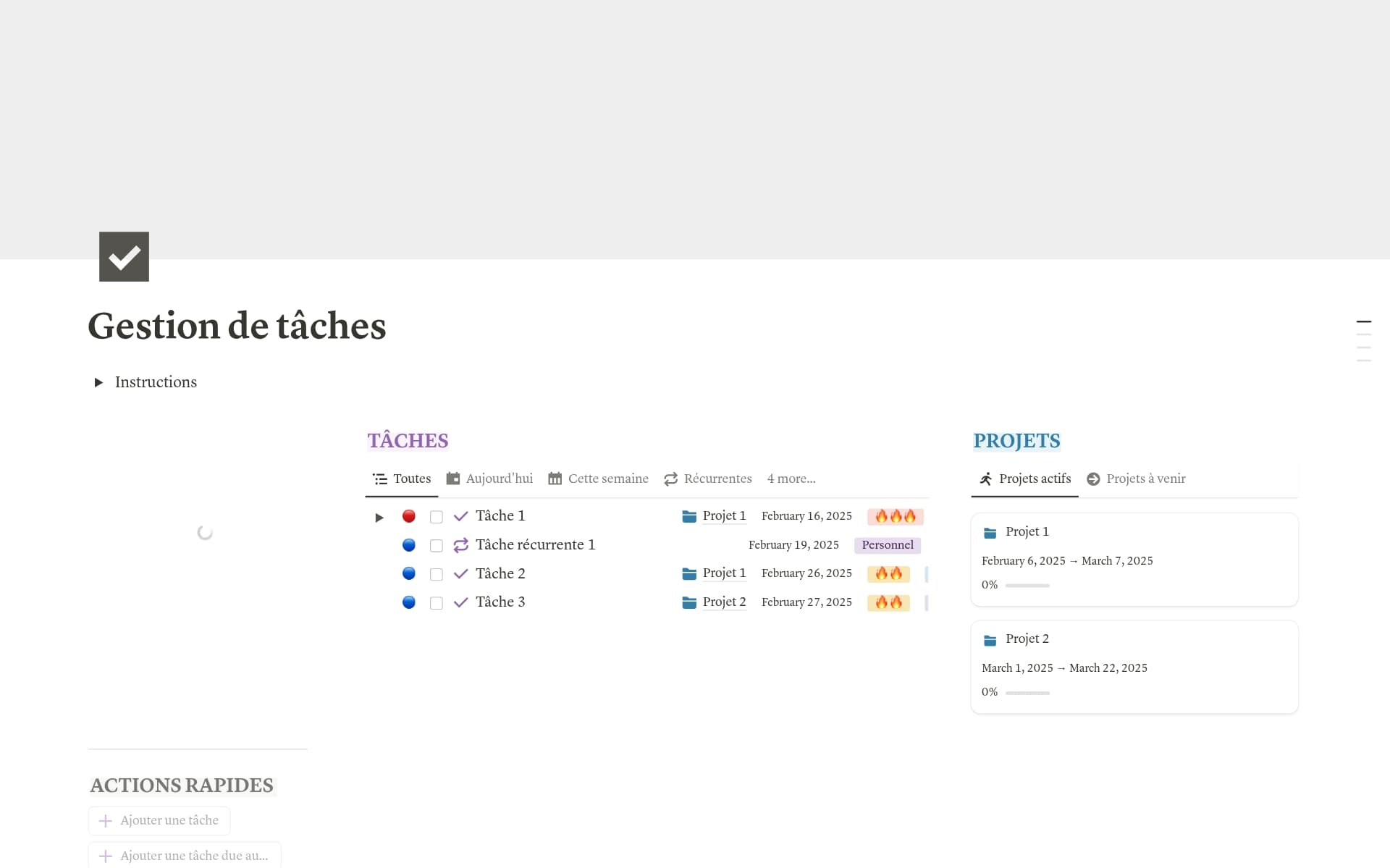 A template preview for Gestion de tâches