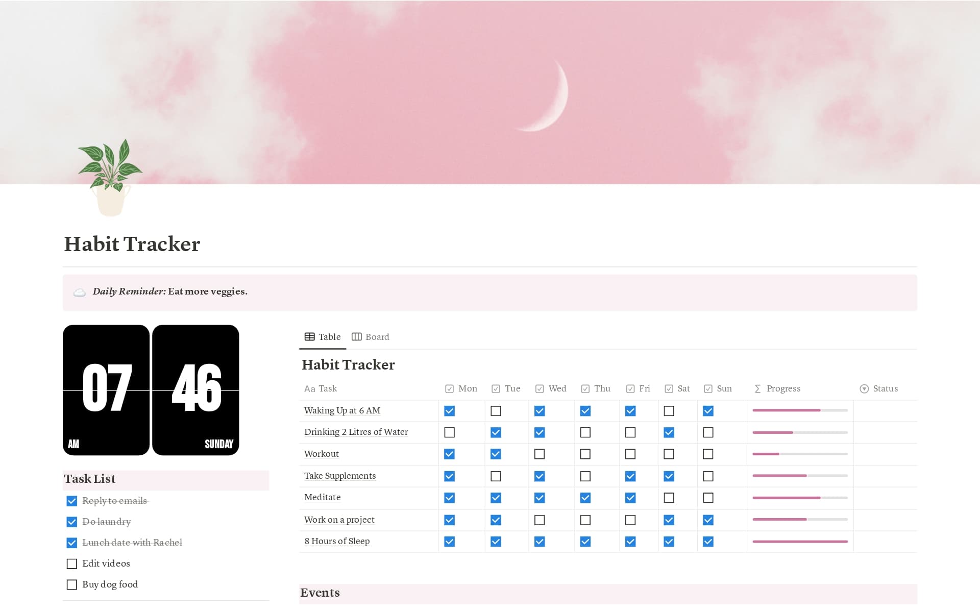 Stay on top of your habits with this habit tracker! Simply tick off each habit as you complete them through the day. To make it yours, click on a habit to change its name and icon.