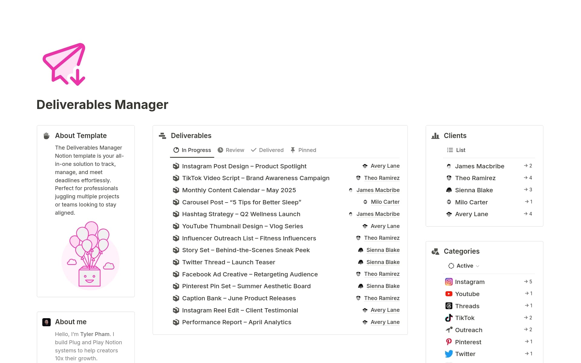 A template preview for Deliverables Manager