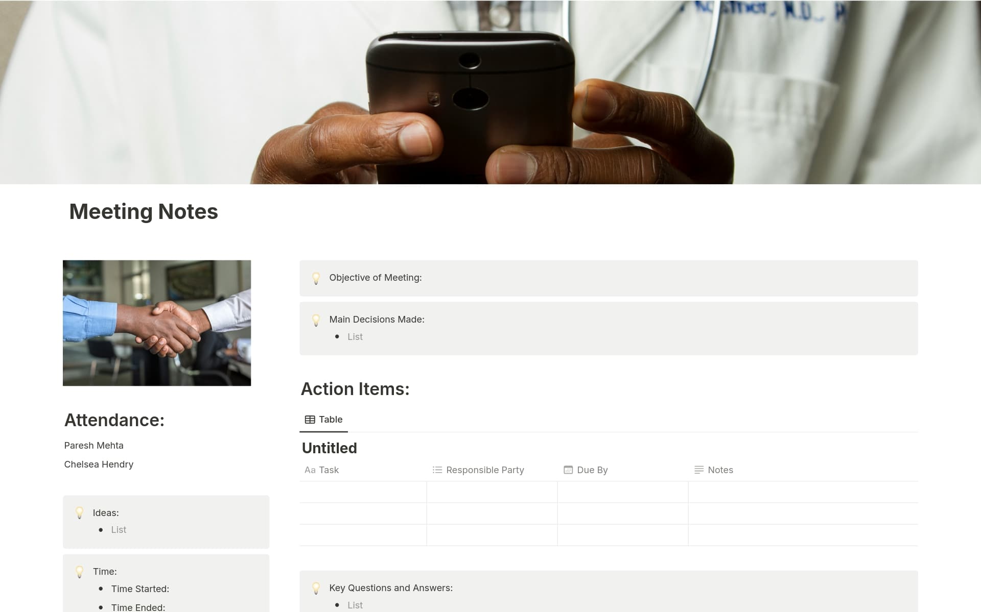 A template preview for Meeting Notes