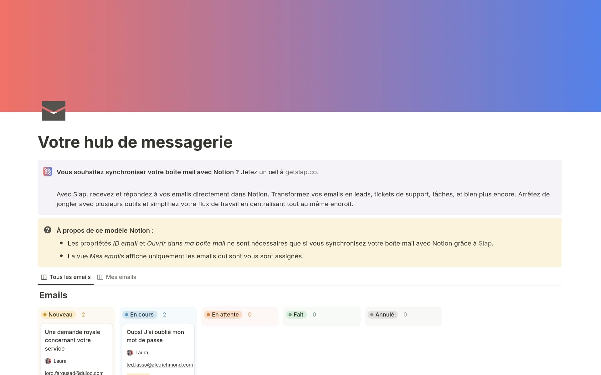A template preview for Votre hub de messagerie