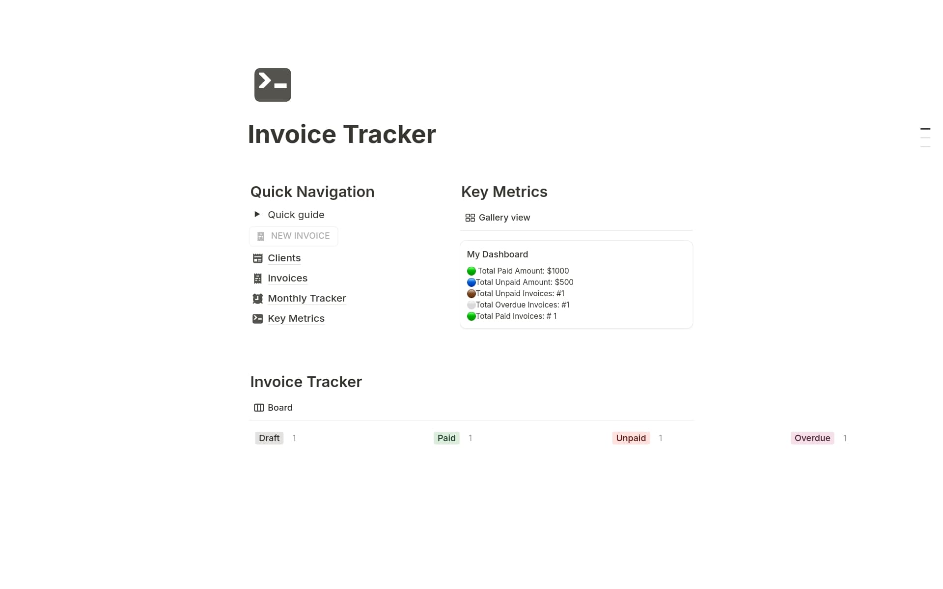 A template preview for Invoice Tracker