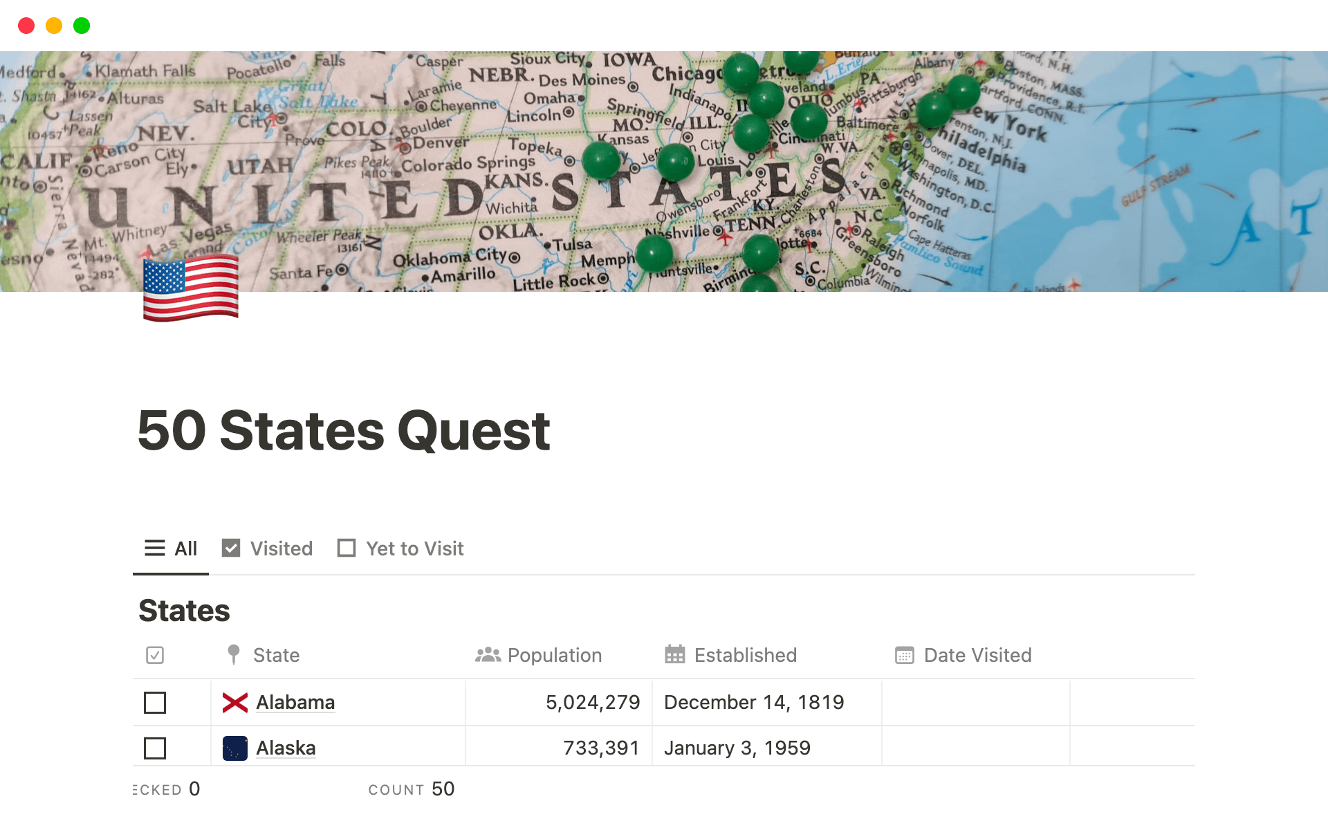 A template preview for 50 U.S. States Quest