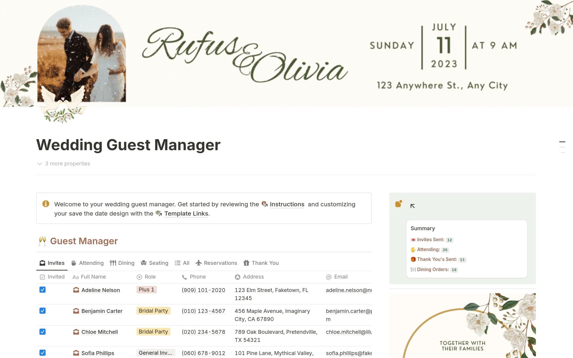 This Wedding Attendance Manager is your perfect stylish partner for planning, tracking, accessing, and sharing your ceremony guest list. Coordinate your ceremony guest save the dates, RSVPs, itineraries, accommodations, seating, gifts and thank you notes in one place.