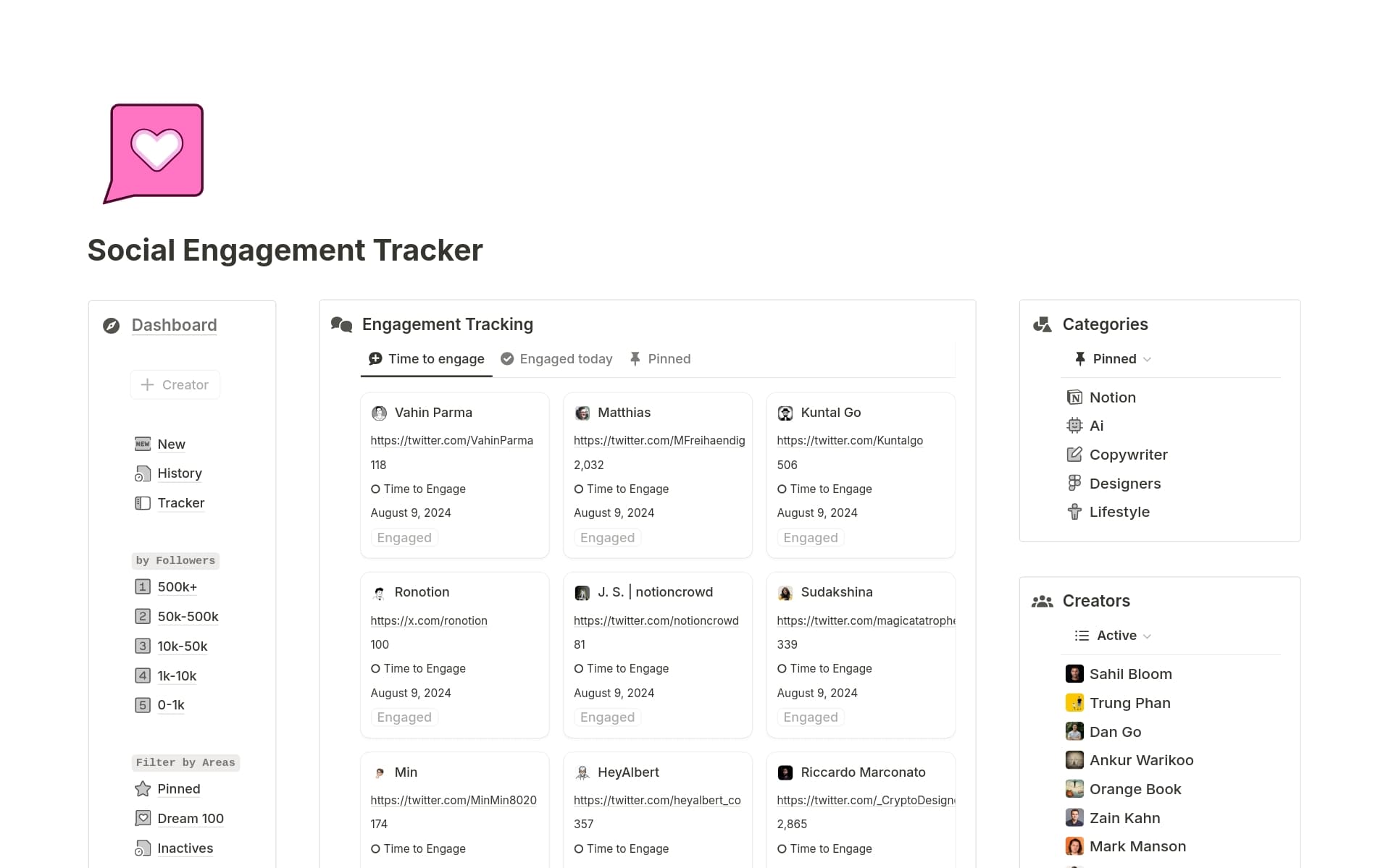 A template preview for Social Engagement Tracker