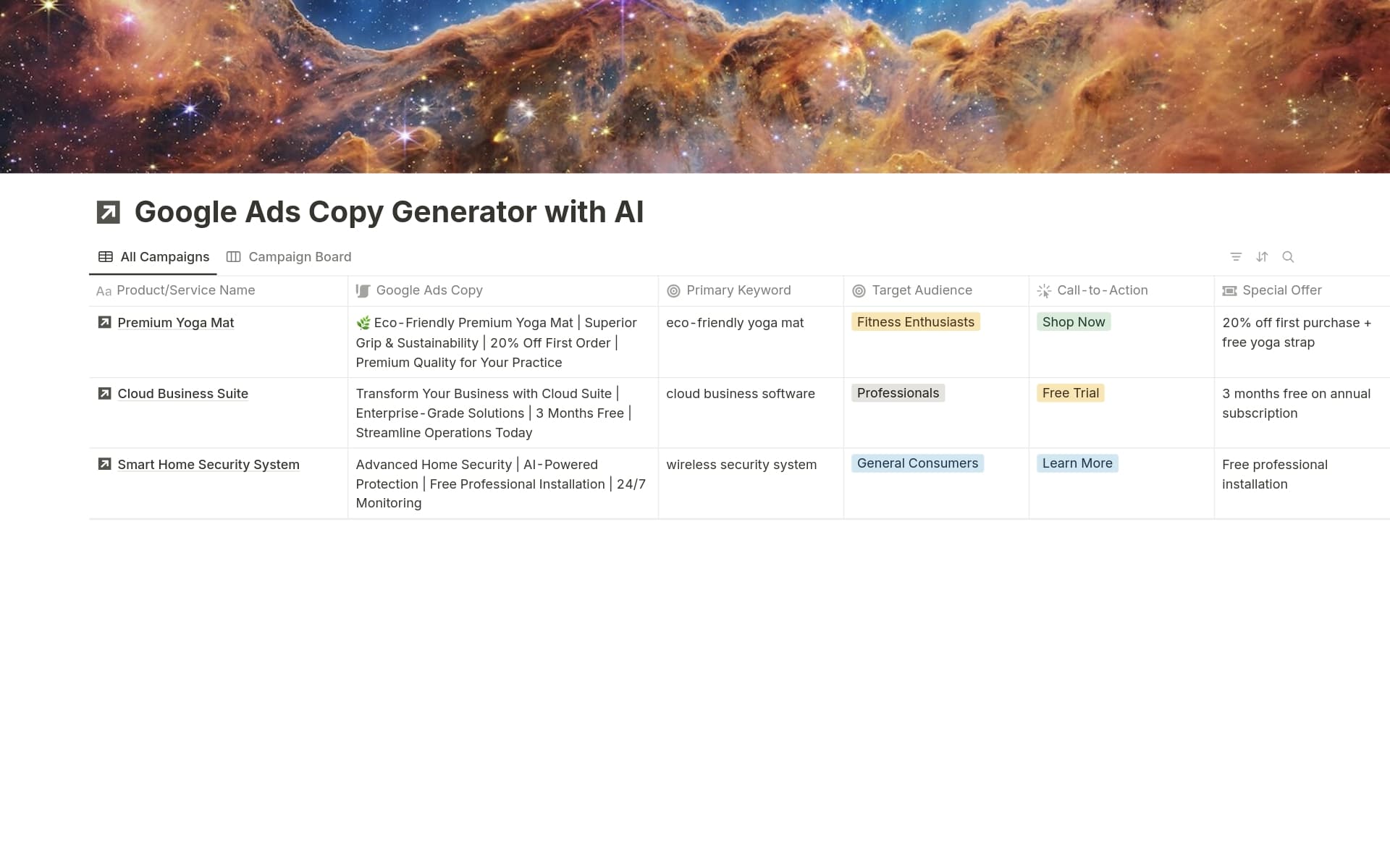 A template preview for Google Ads Copy Generator with AI