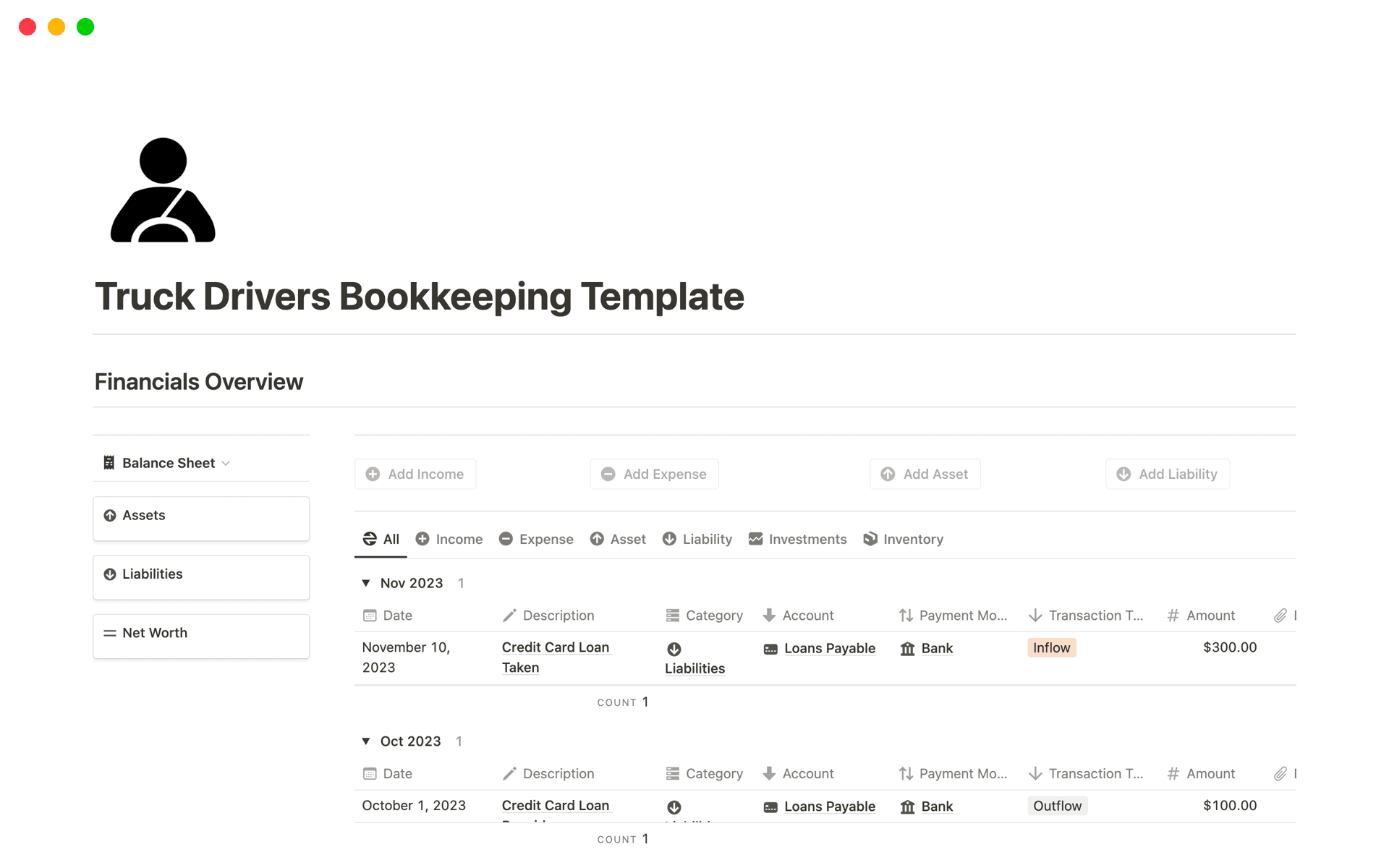 This bookkeeping template provides the best solution for truck owners to manage their business finances, produce income statement, balance sheet, cash flow statement and much more on a periodical basis.