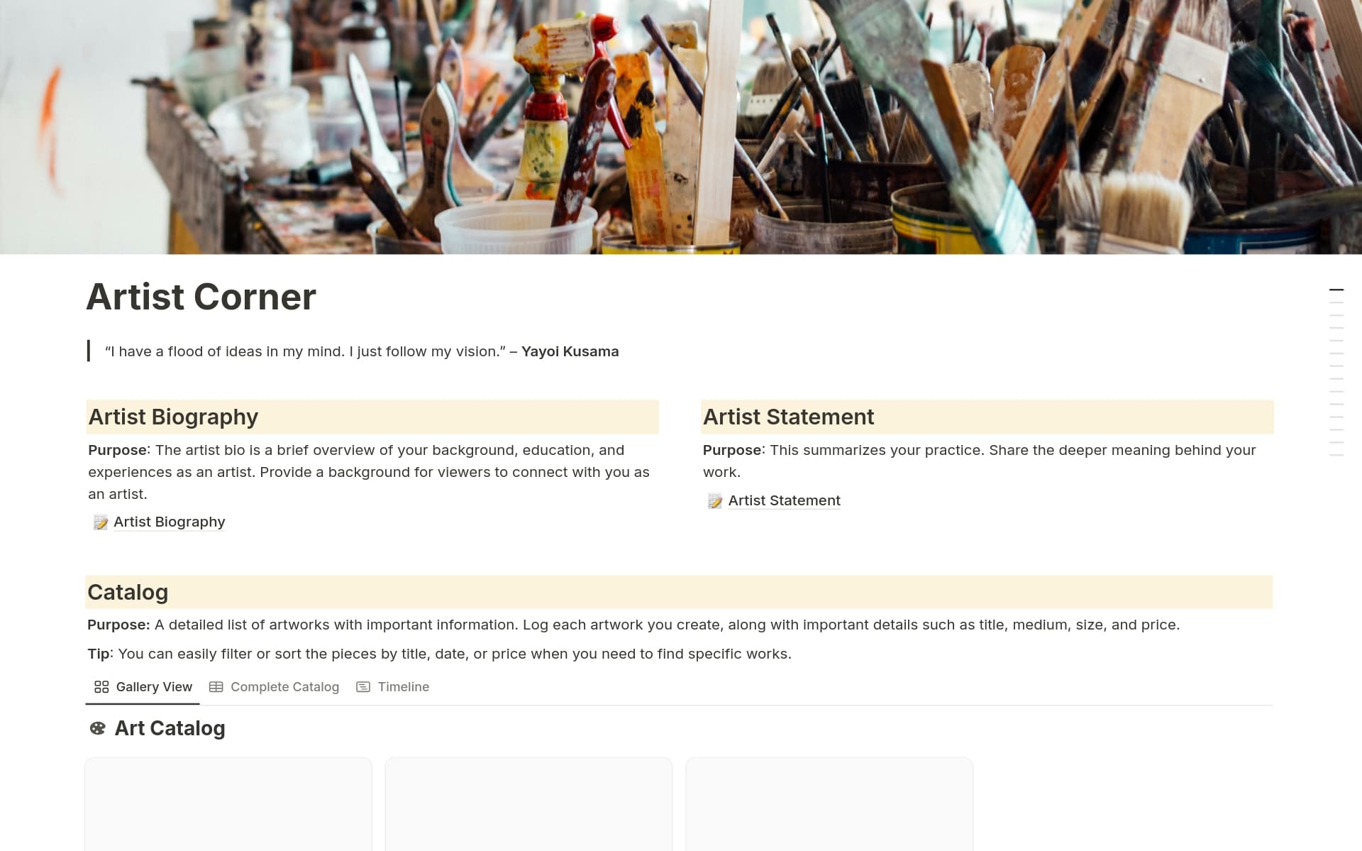 A template preview for Artist Corner