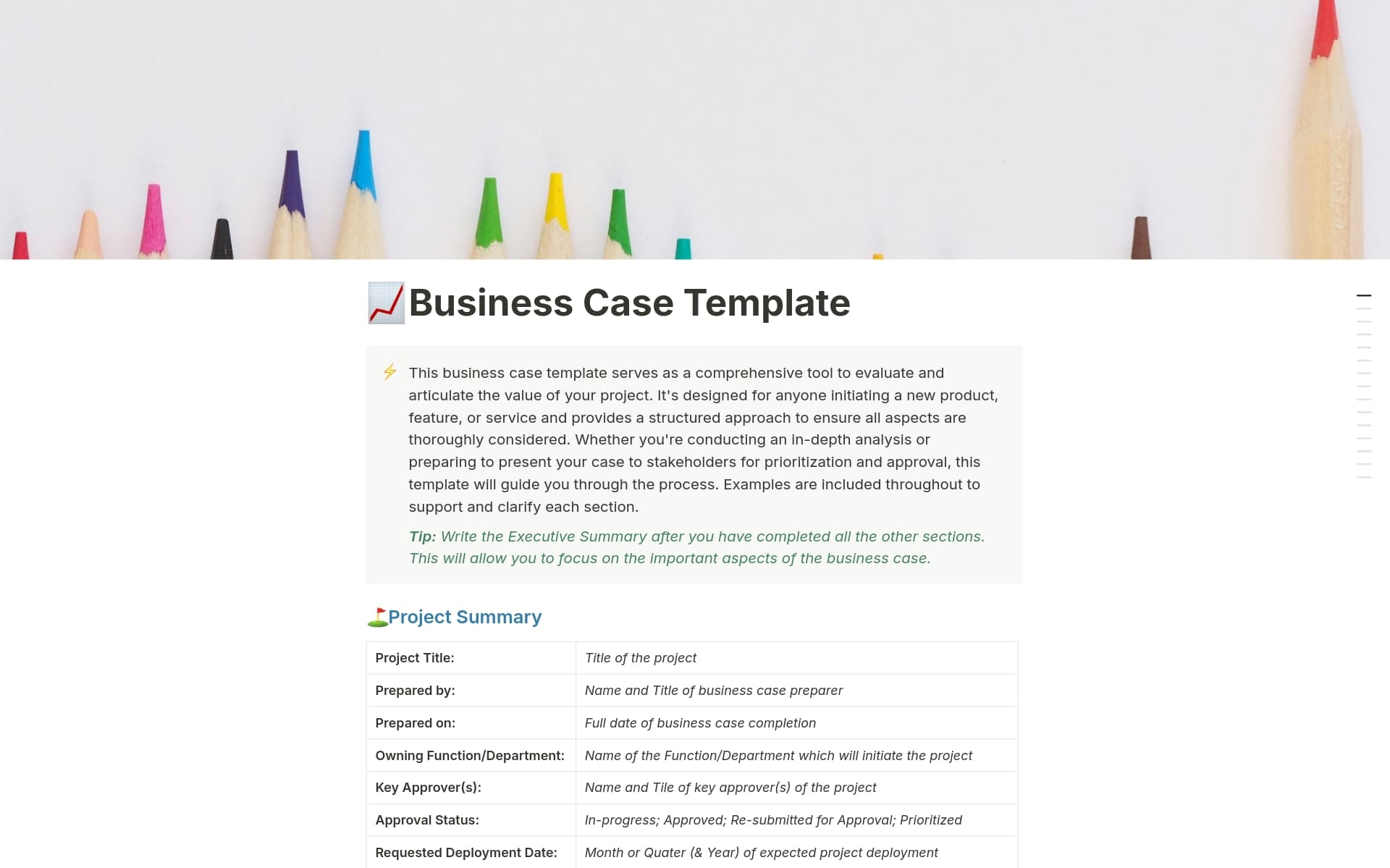 A template preview for Business Case