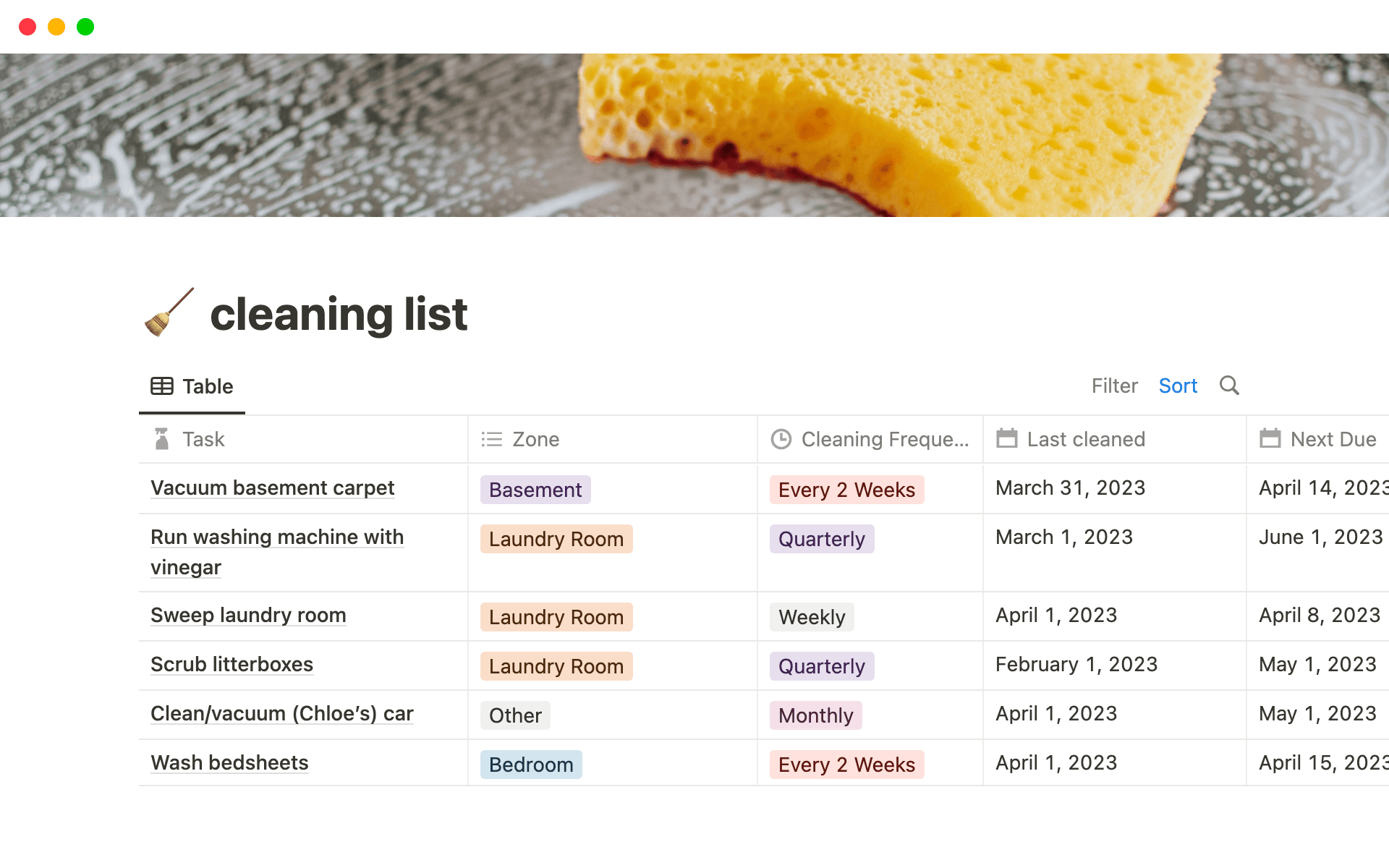 This template allows the user to keep track of household chores and gives "due dates" based on specified cleaning frequency.