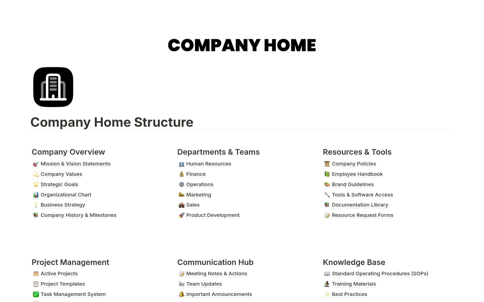 A template preview for Company Home Structure