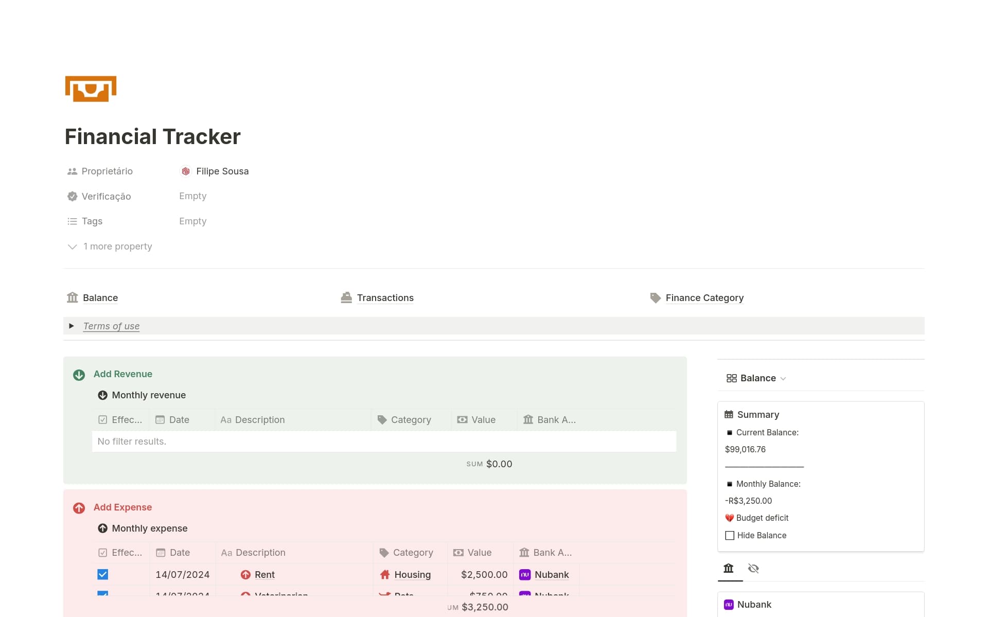 Uma prévia do modelo para Financial Tracker