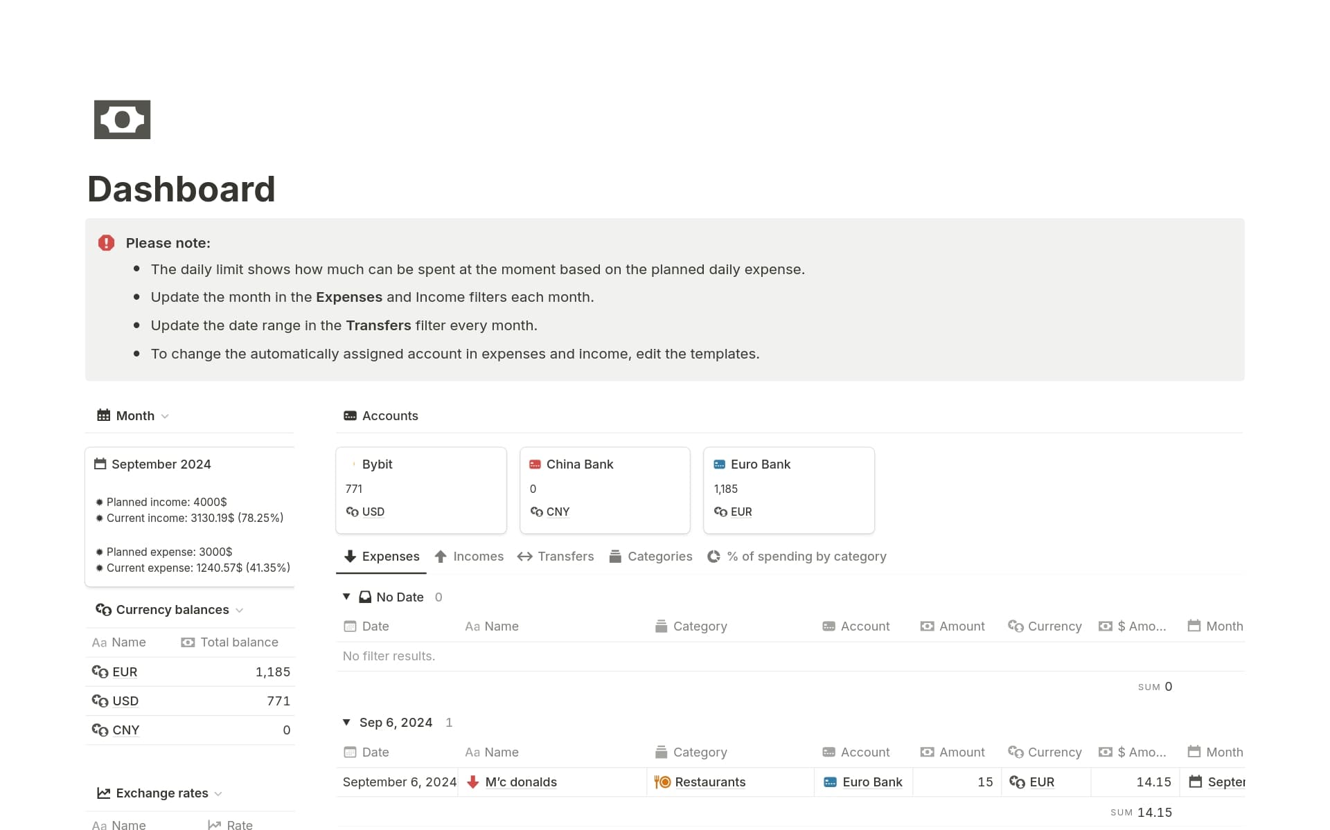 Manage your finances effortlessly with this multi-currency financial tracker that automatically calculates income, expenses, and currency conversions. The perfect tool for those seeking full financial transparency.