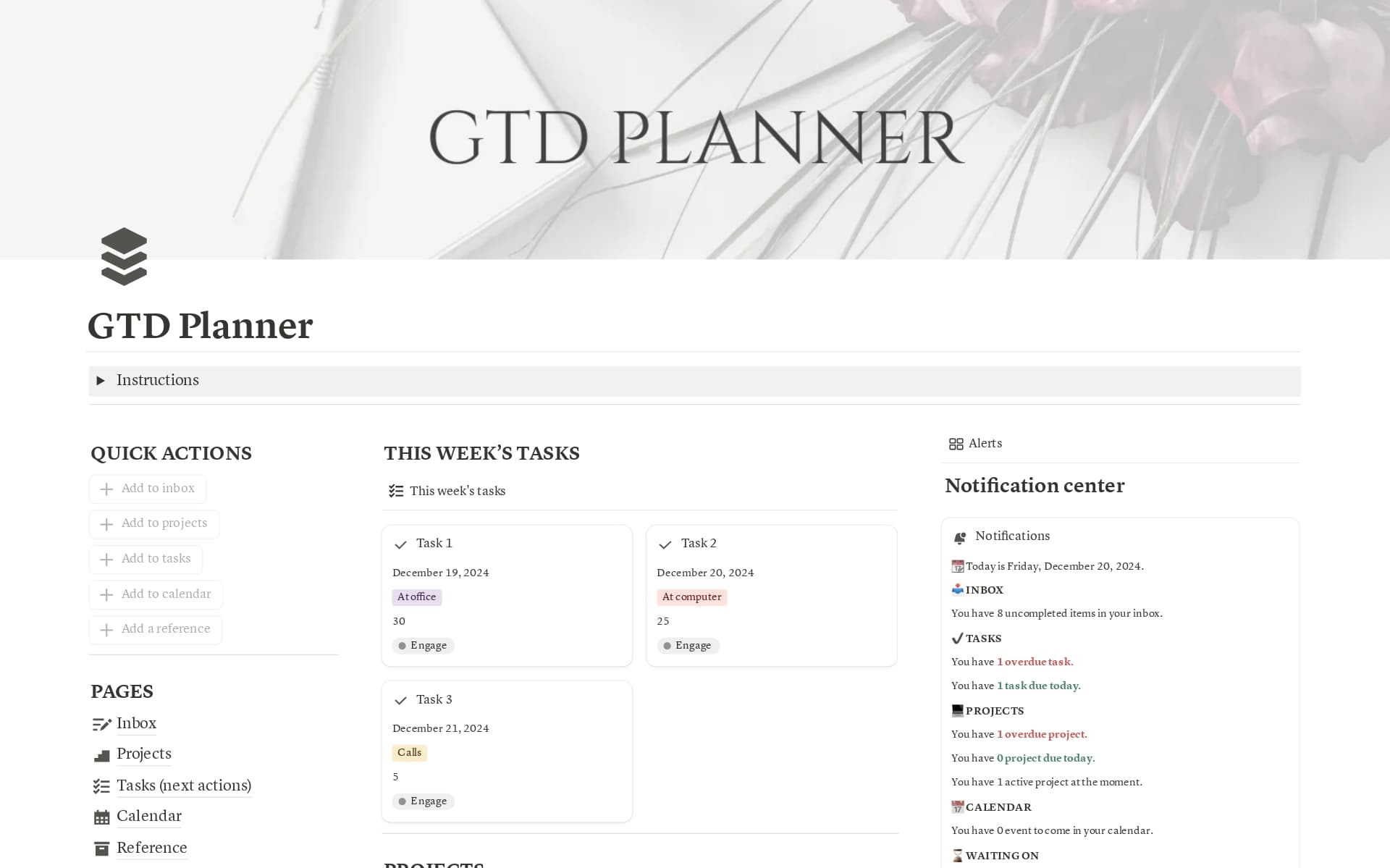 A template preview for GTD planner