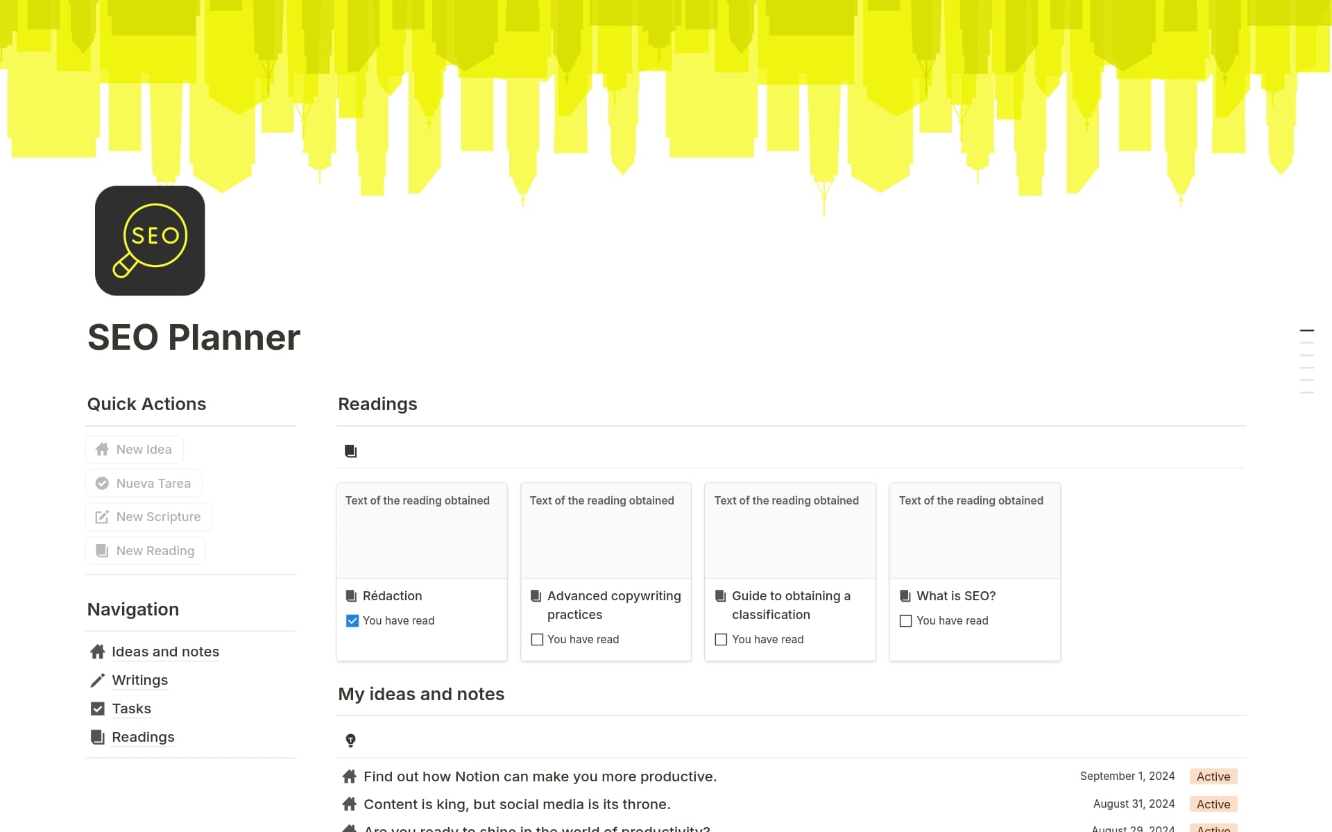 A template preview for SEO Planner