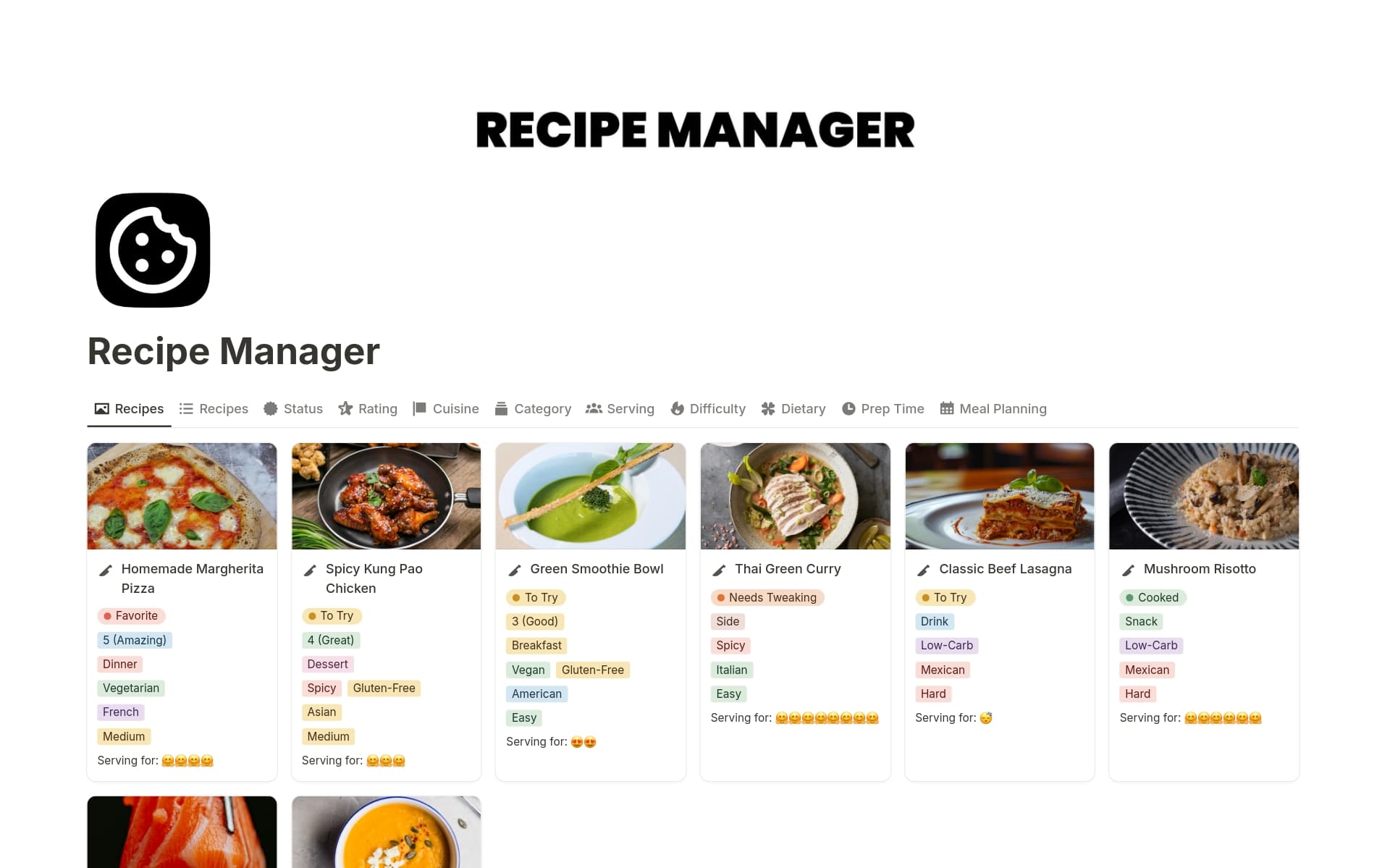 A template preview for Recipe Manager