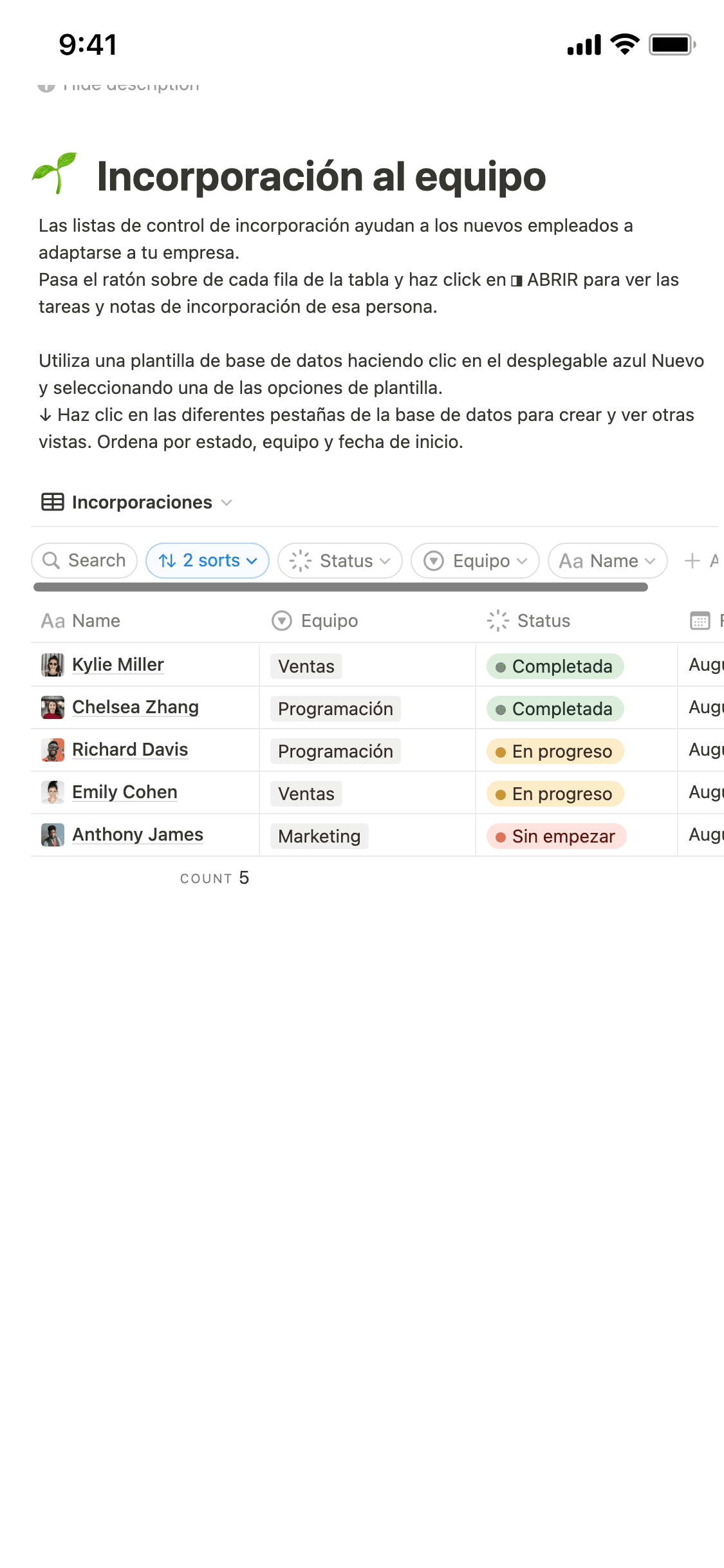 Una captura de pantalla de la aplicación móvil de Notion