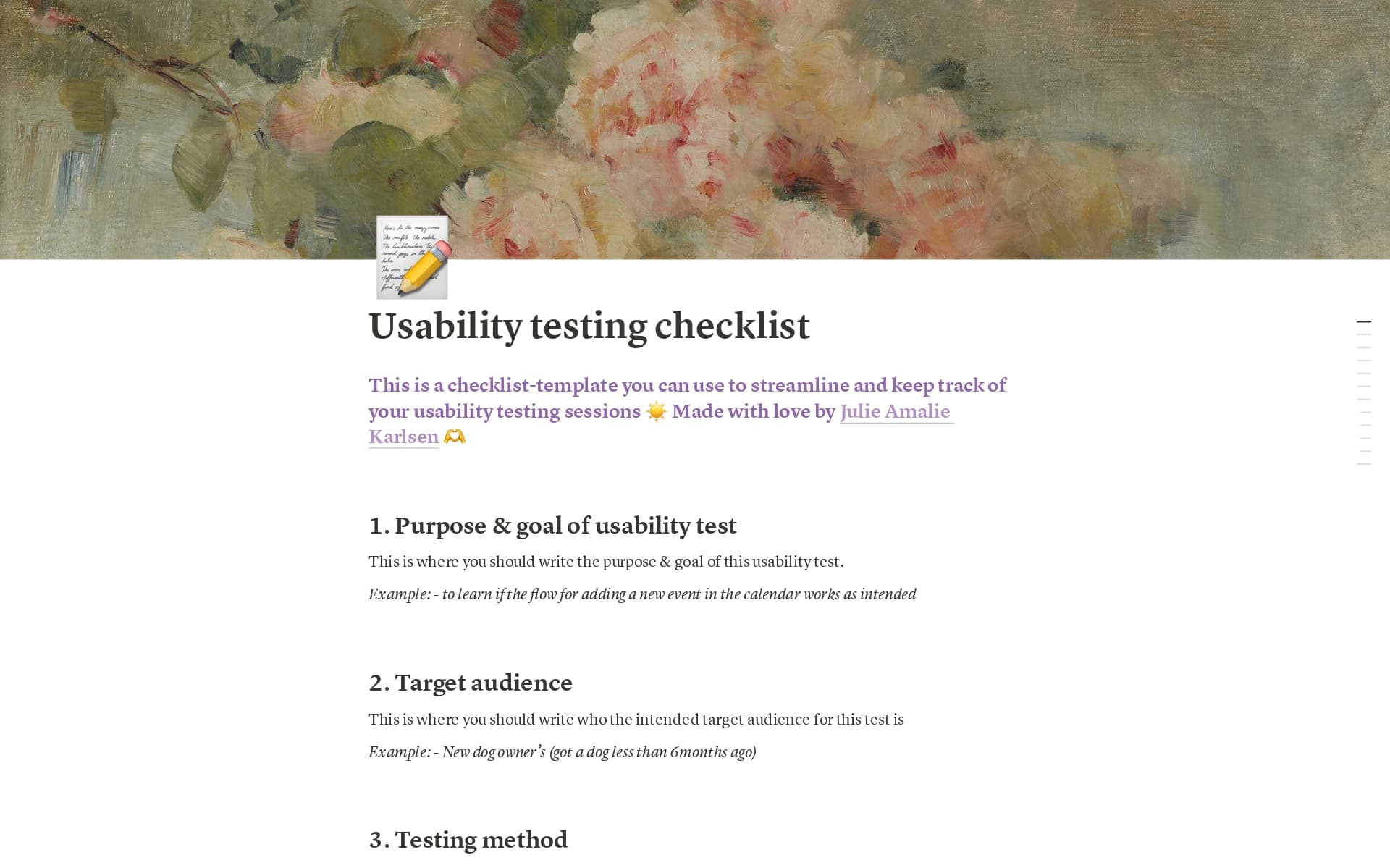 A template preview for Usability testing checklist