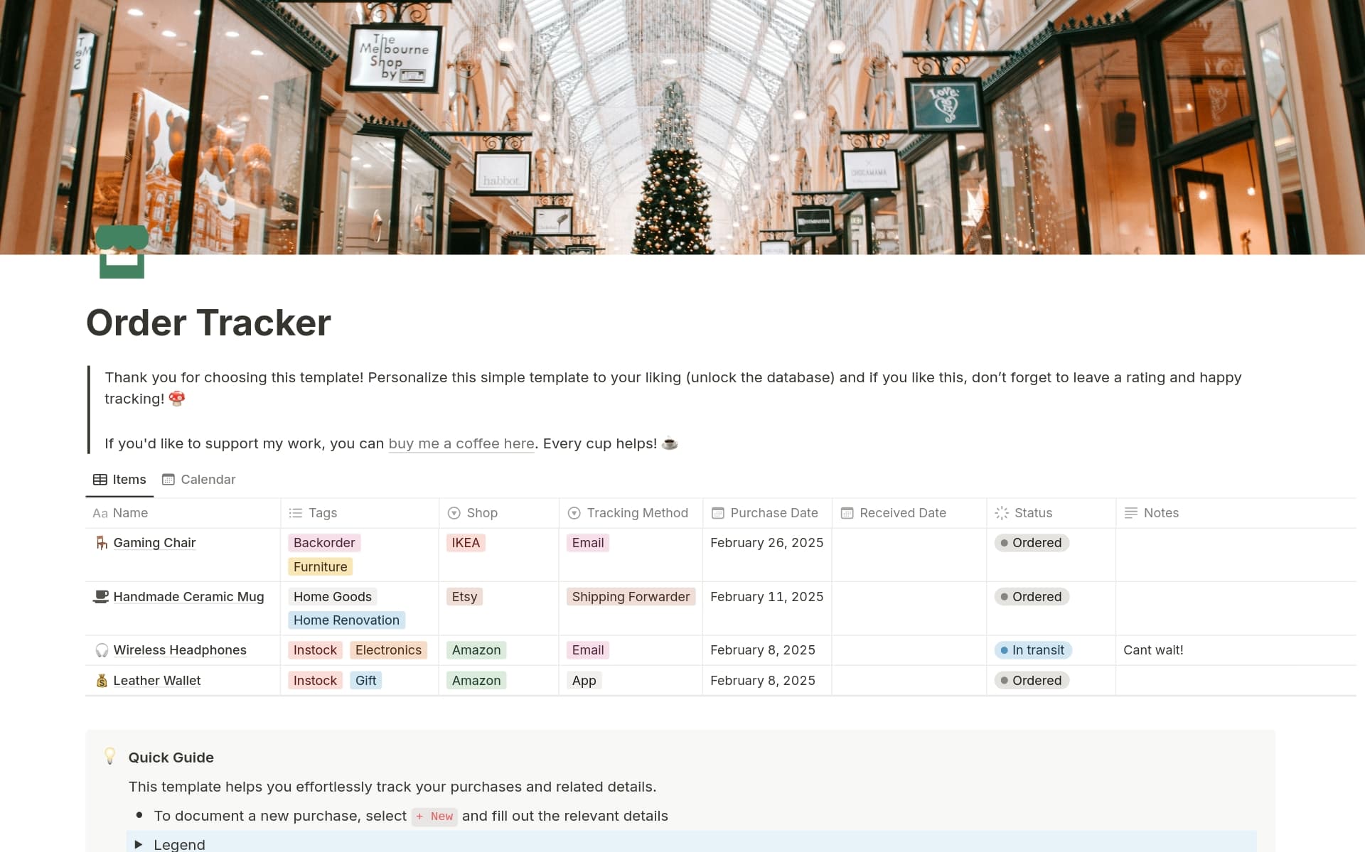 A template preview for Order Tracker