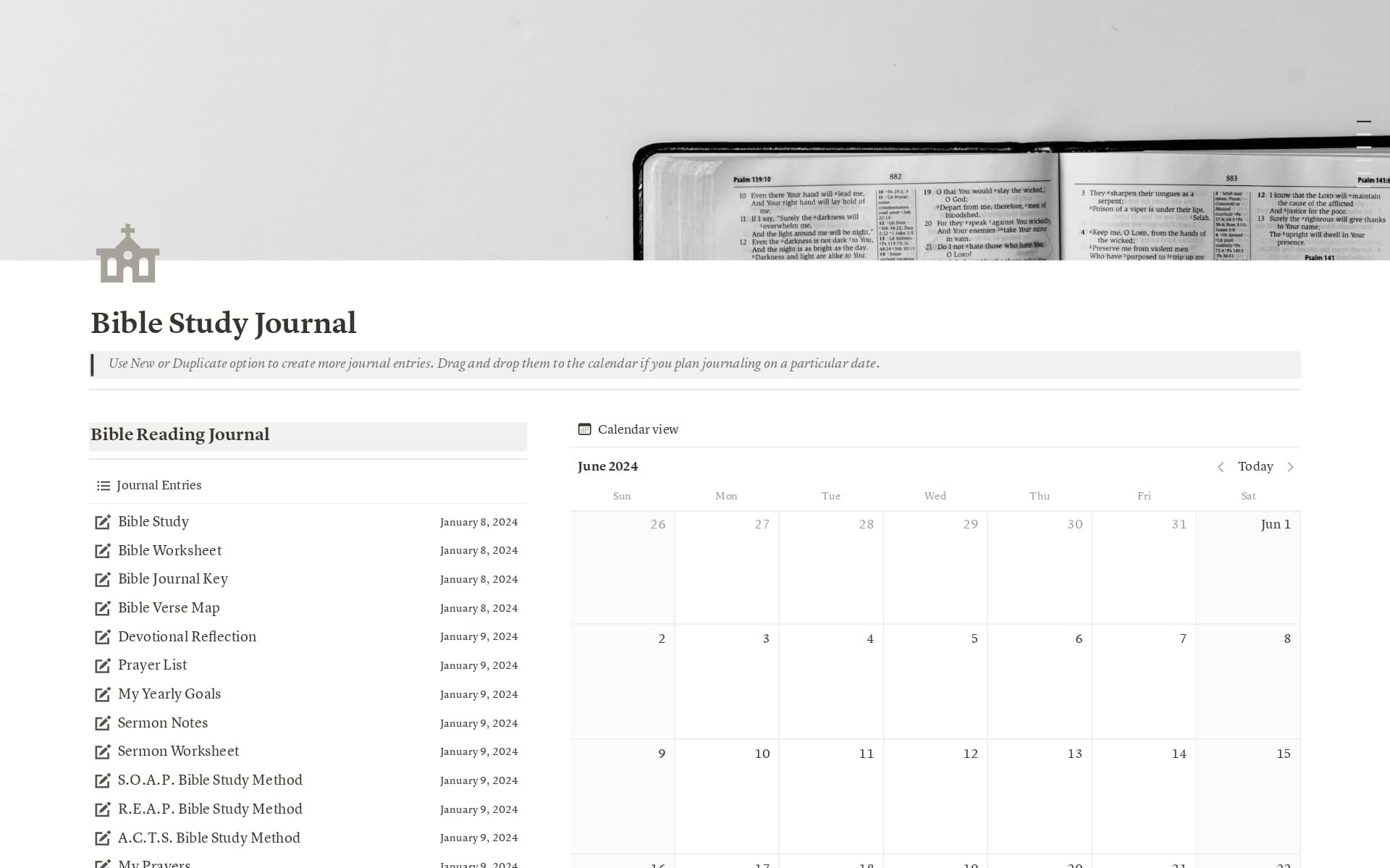 A template preview for Bible Study Journal