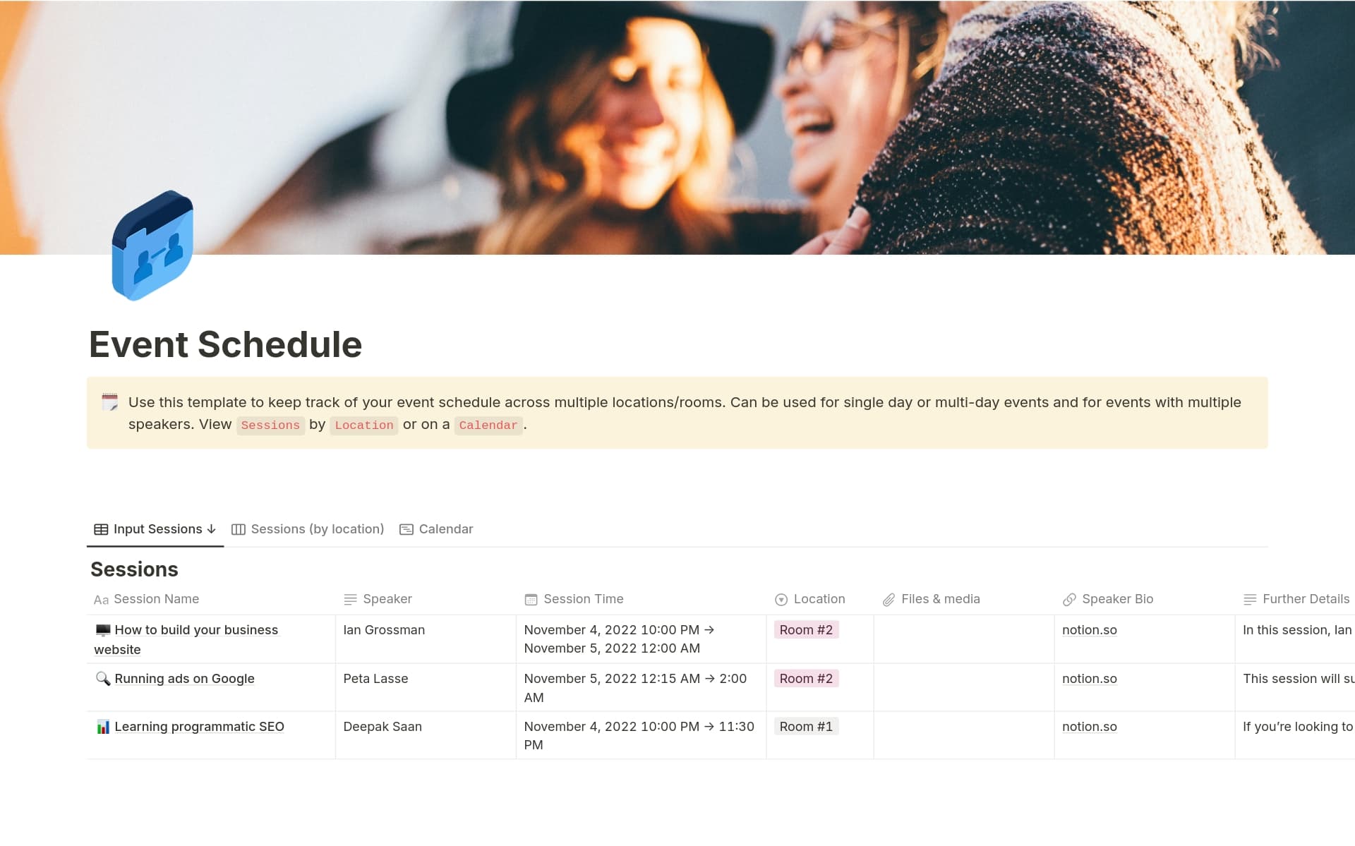 Organize events effortlessly with the Event Schedule Template. Track dates, locations, and programming details in a shareable itinerary. Perfect for single-day or multi-venue events, ensuring staff and attendees stay aligned with a clear and detailed schedule.