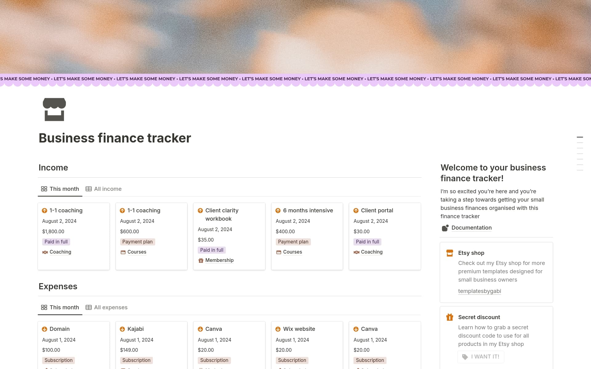 A template preview for Mini business finance tracker