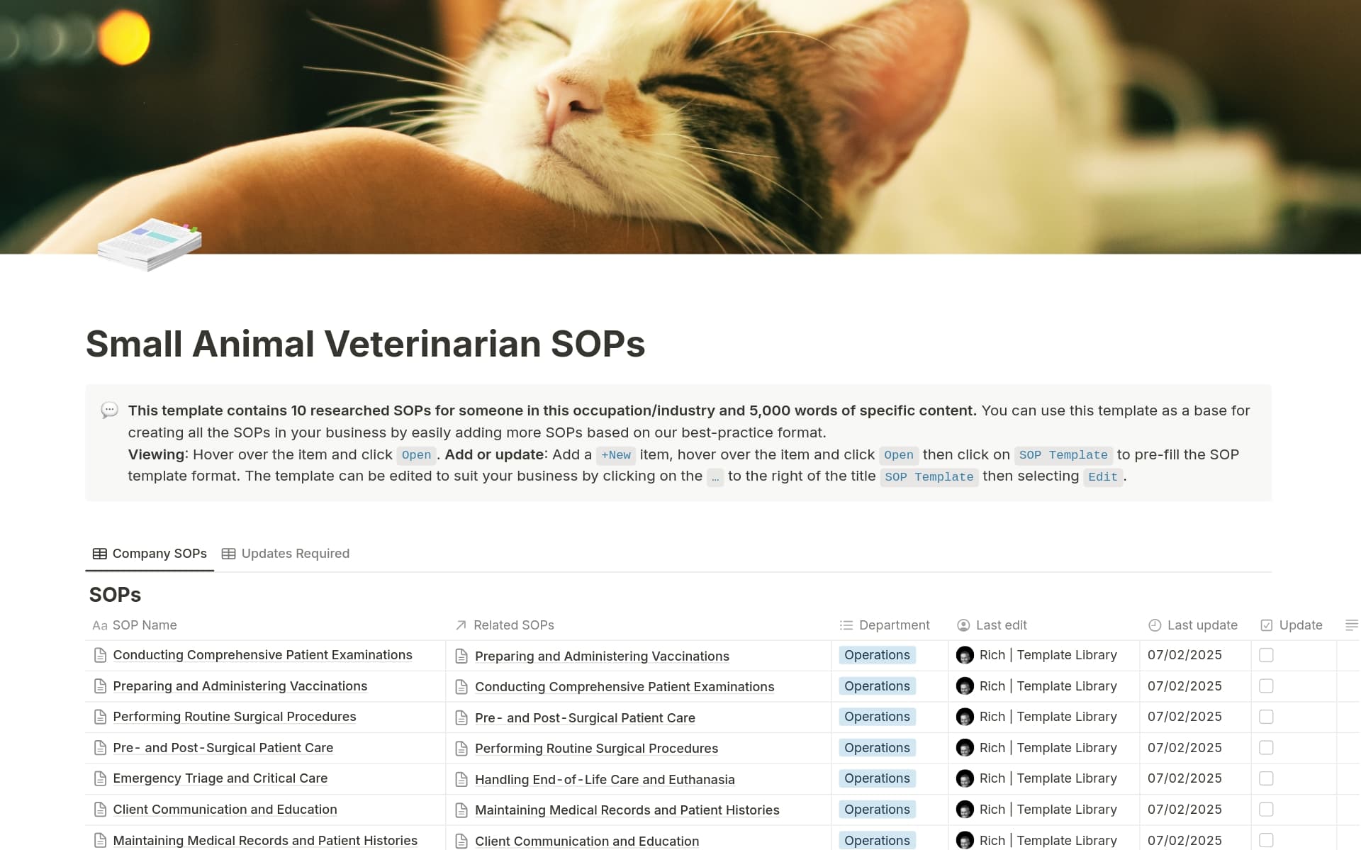 A template preview for Small Animal Veterinarian SOPs