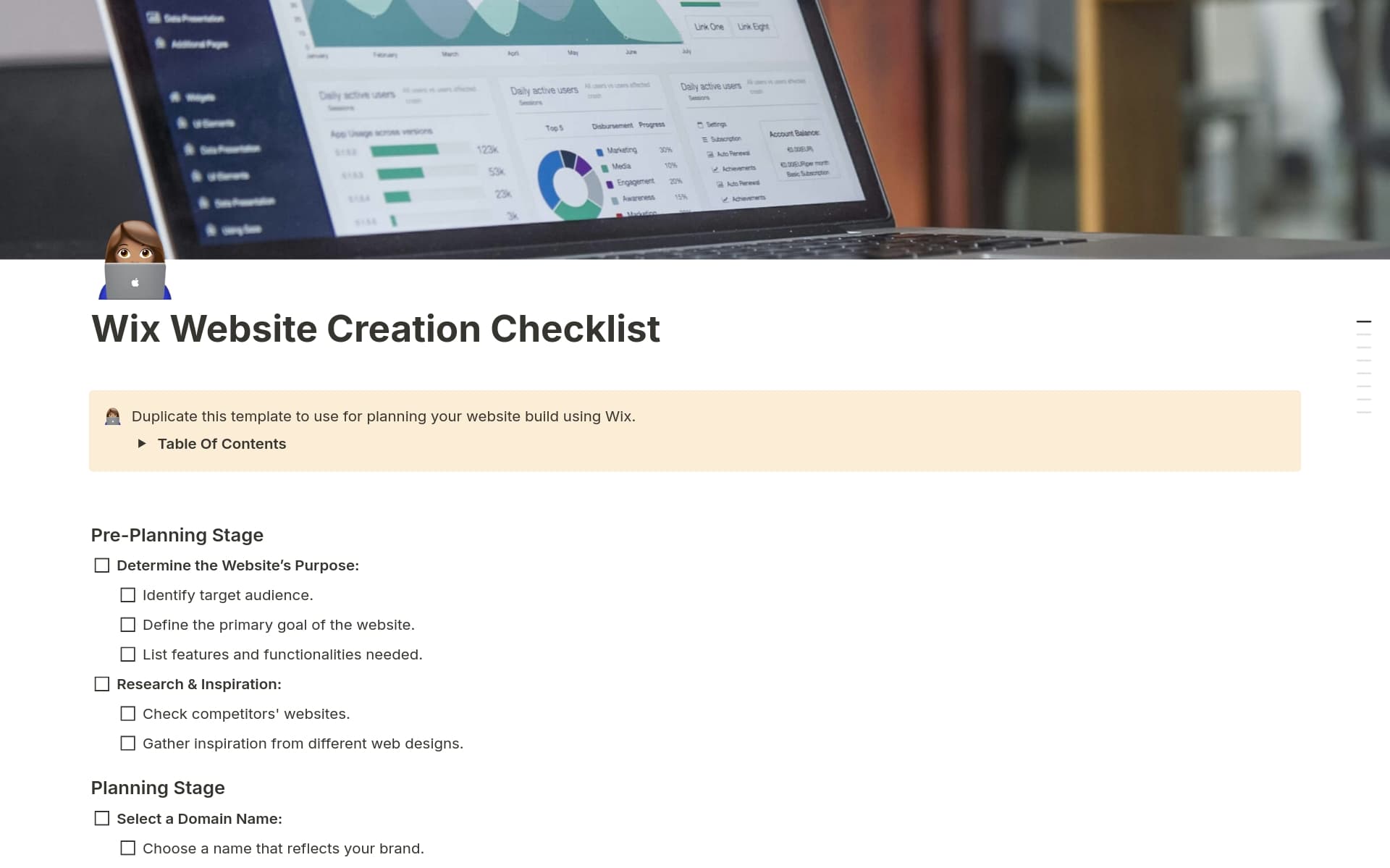 A template preview for Wix Website Creation Checklist