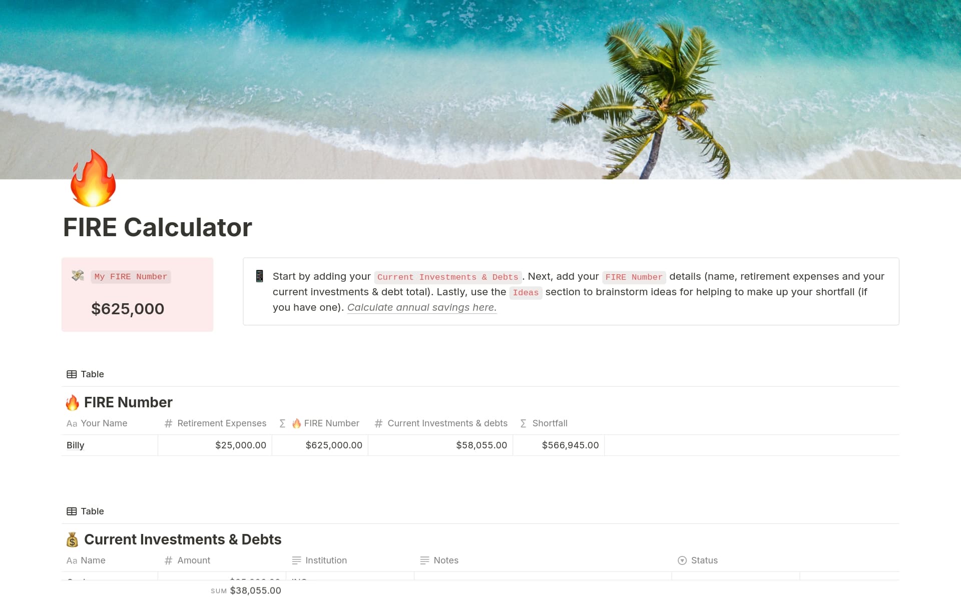 A template preview for FIRE Calculator