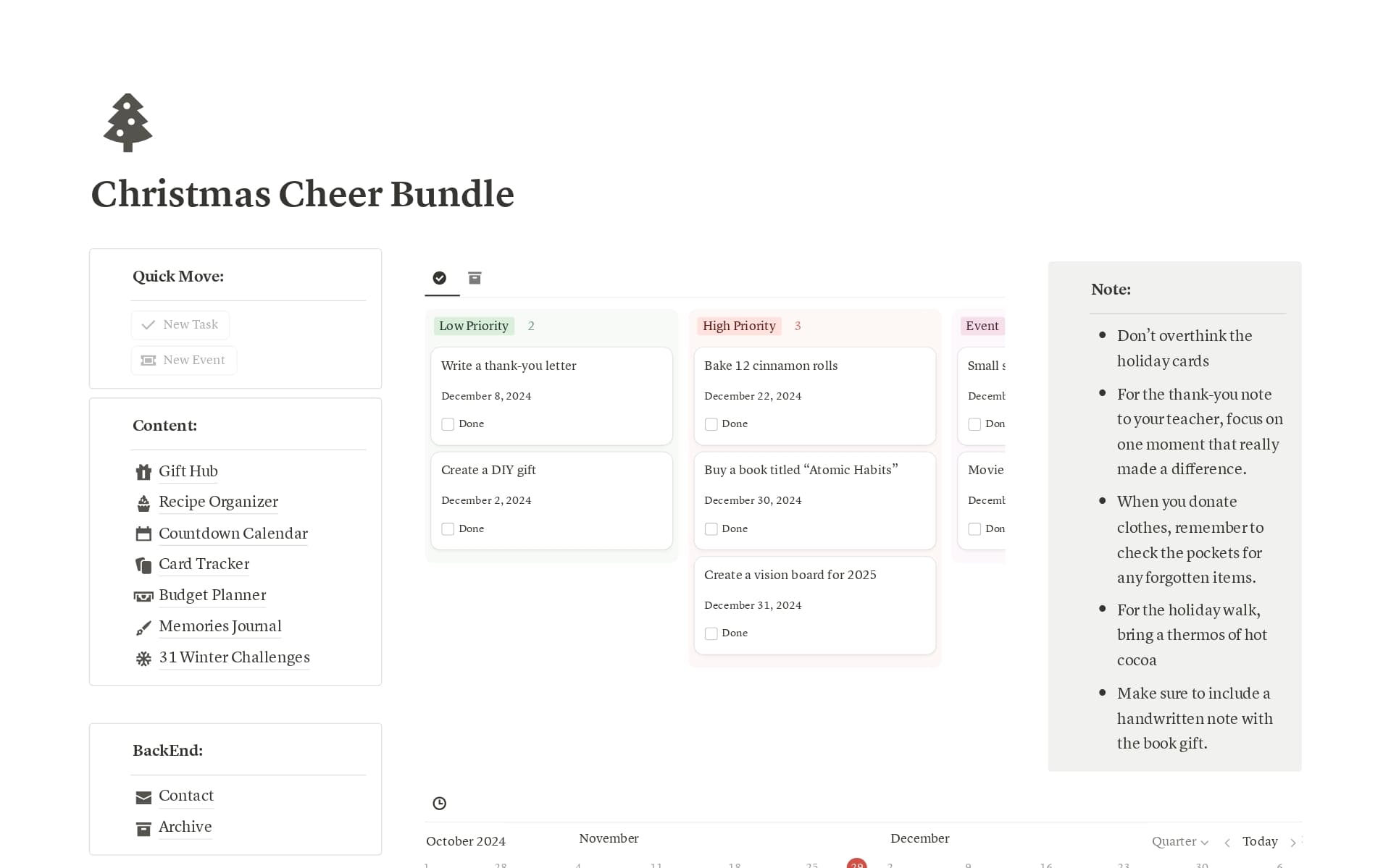 Unwrap the joy of a well-organized holiday season with the Christmas Cheer Bundle!
This festive template is your ultimate companion for managing all things Christmas—from thoughtful gifts to delicious recipes.
Say goodbye to stress!