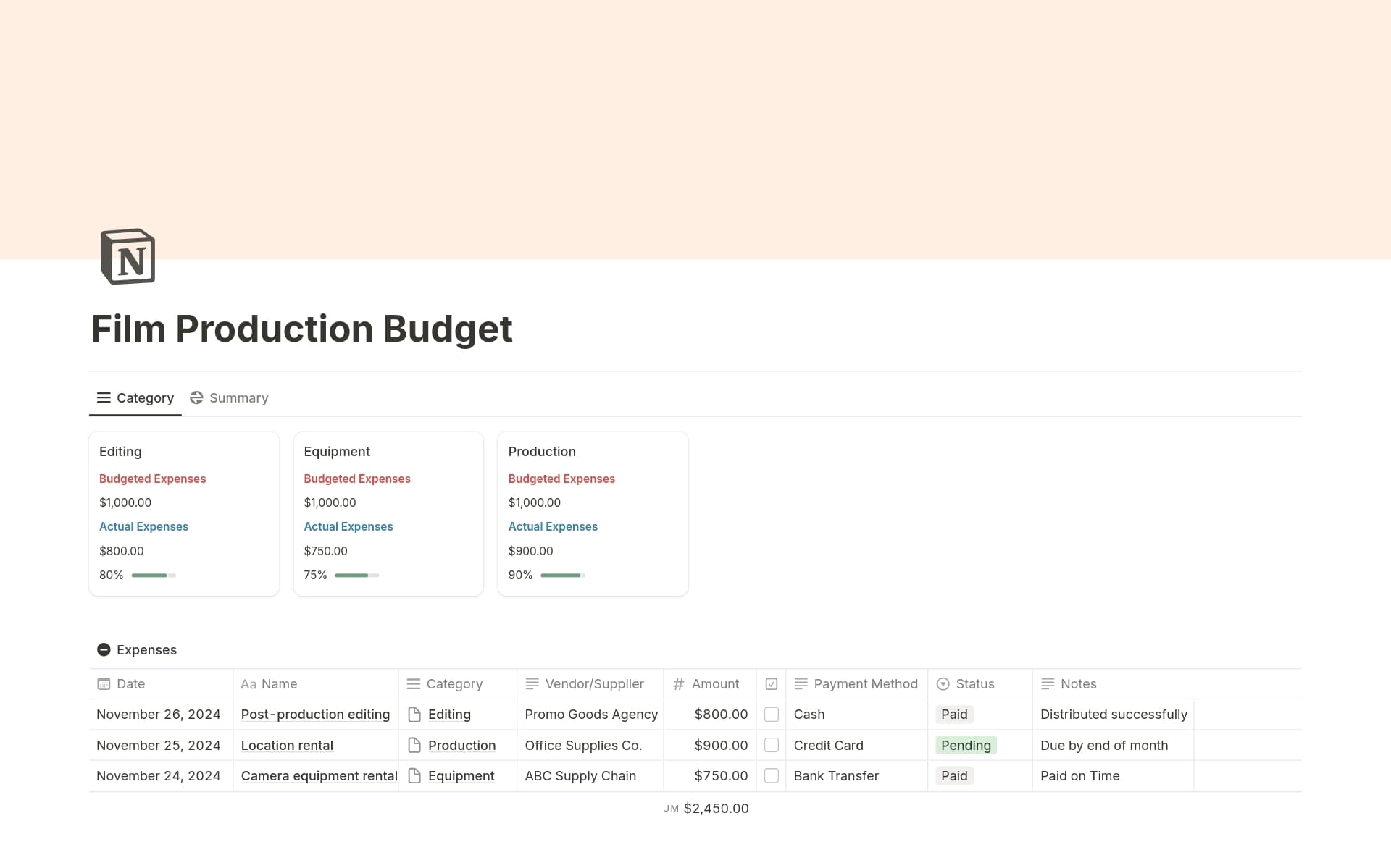 A template preview for Film Production Budget Tracker