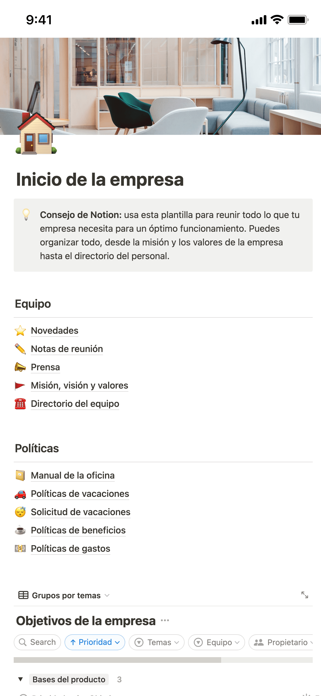 Una captura de pantalla de la aplicación móvil de Notion
