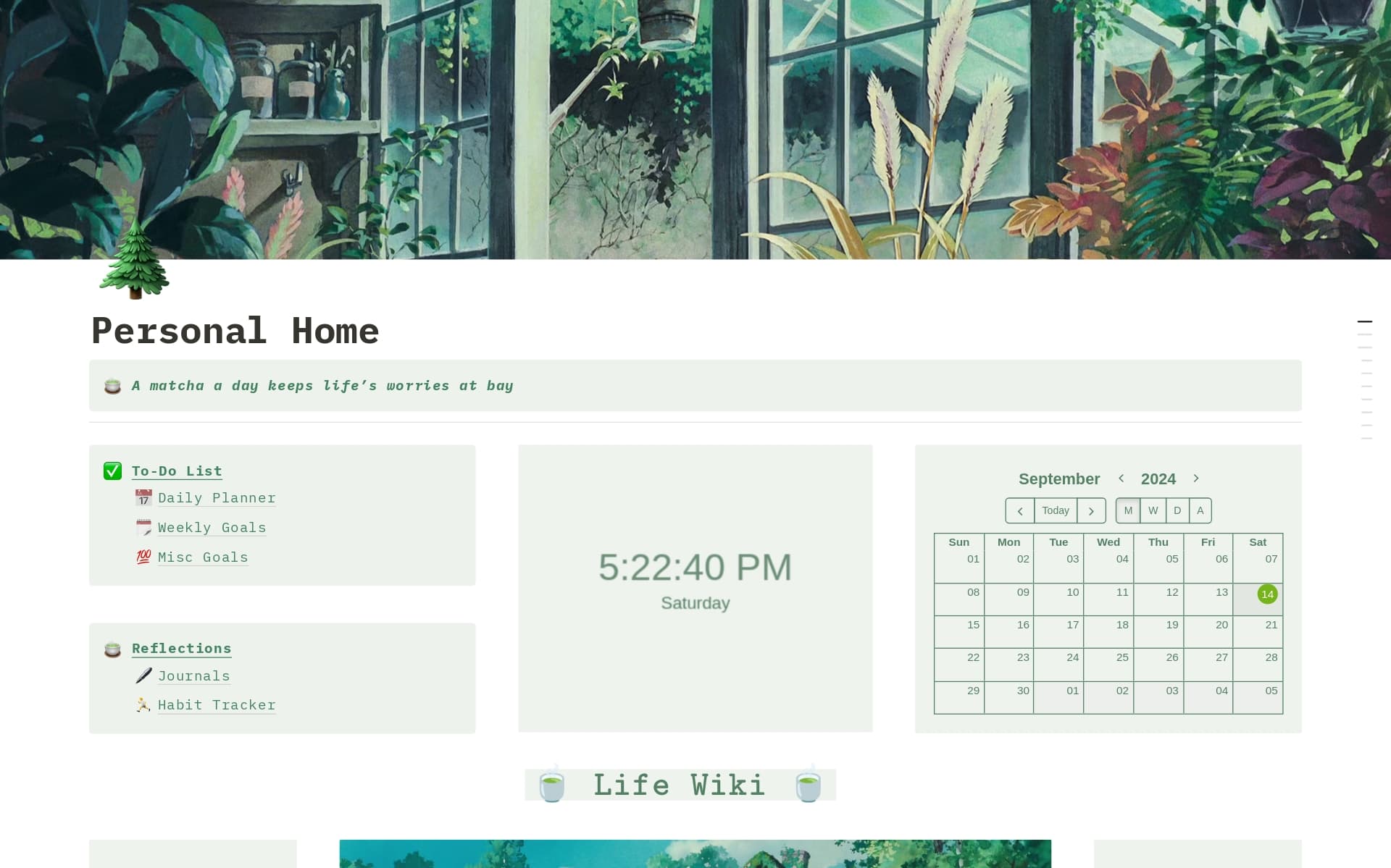 A template preview for Chill Green Personal Home Dashboard